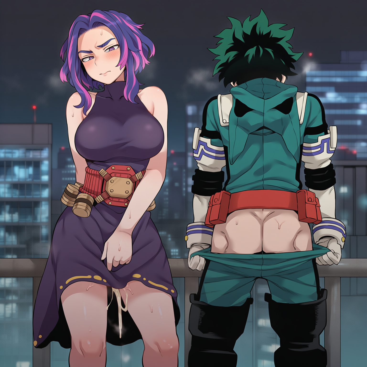 1boy, 1girls, absurd res, absurdres, after sex, after vaginal, ai generated, big breasts, blush, boku no hero academia, breasts, color, competitive intercourse, competitive sex, creampied, cum in pussy, cum overflow, cumdrip, darklust, female, getting dressed, grabbing dress, green hair, hi res, high resolution, highres, huge breasts, human, izuku midoriya, izuku midoriya (hero outfit), lady nagant, large breasts, male, midoriya izuku, midoriya izuku (hero outfit), motion blur, motion lines, my hero academia, novelai, older female, pussy, self upload, semen, semen in vagina, sex, speed lines, sweat, two-tone hair, uncensored, younger male