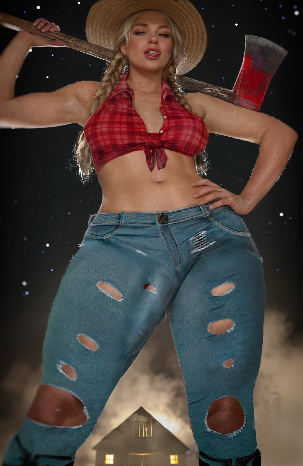 axe, blonde hair, bulge, bulge down leg, cowboy hat, cowgirl, erection under clothes, flannel shirt, jeans, licking lips, shikari, trans woman, winking at viewer