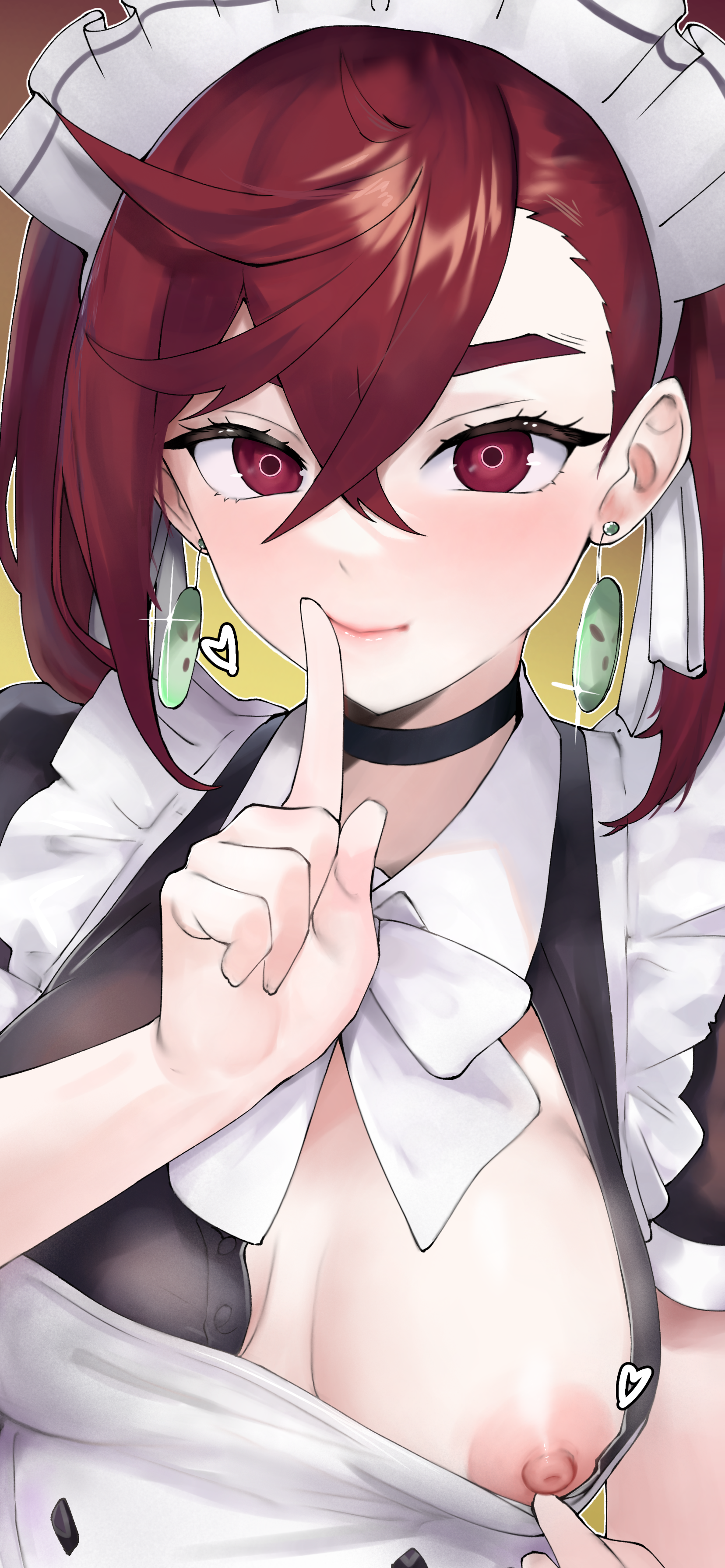 1girls, artist request, ayase momo, breasts, brown hair, brown-haired female, dandadan, female, female only, finger on lip, human, maid uniform, no bra, one breast out