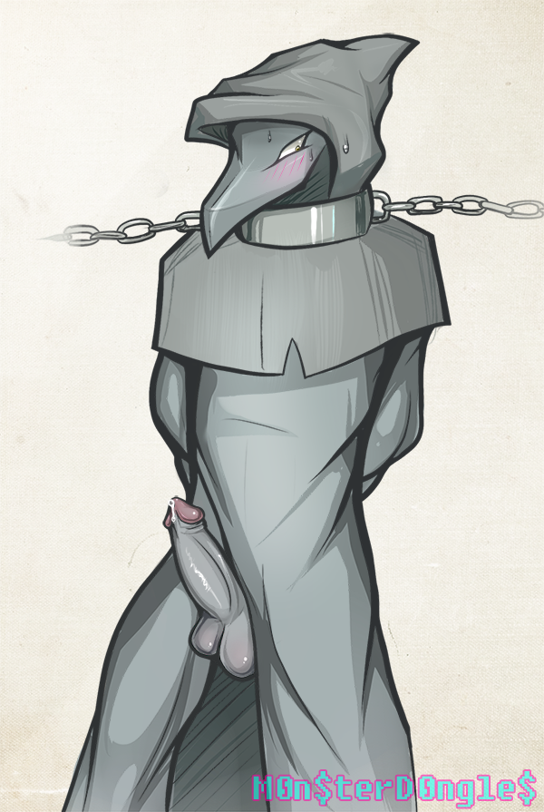 amber eyes, balls, blush, bondage, bound, collar, grey penis, hands behind back, male, male only, penis, plague doctor, precum, rosemary-the-skunk, scp containment breach, scp foundation, scp-049, solo, solo male, sweat, third subdivision studios