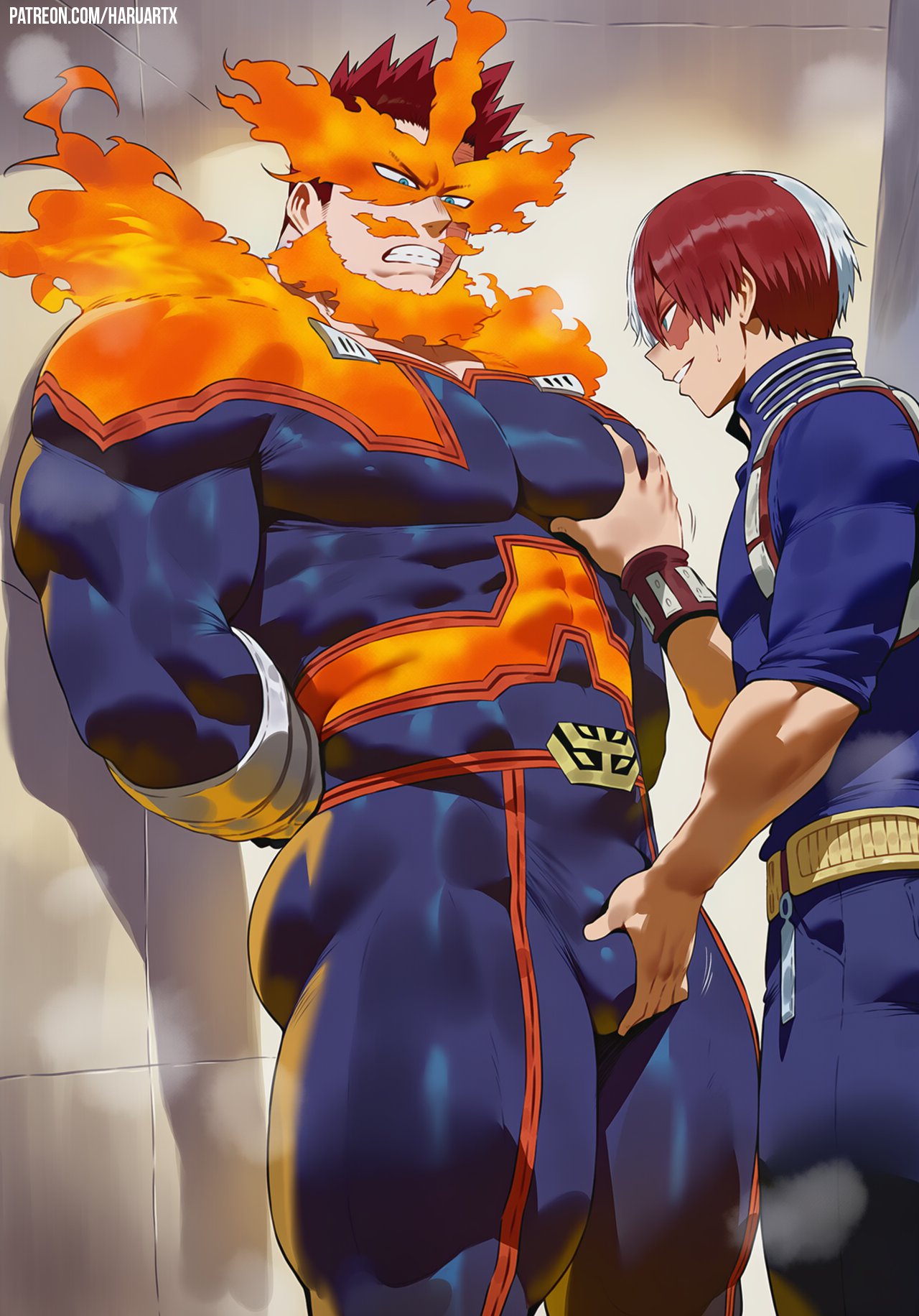 2boys, ai generated, bulge, bulge grab, bulge through clothing, duo, duo focus, endeavor (my hero academia), facial hair, father, father and son, fire, gay, haruartx, incest, male, muscular, muscular male, my hero academia, shouto todoroki, son, superhero, todoroki shouto