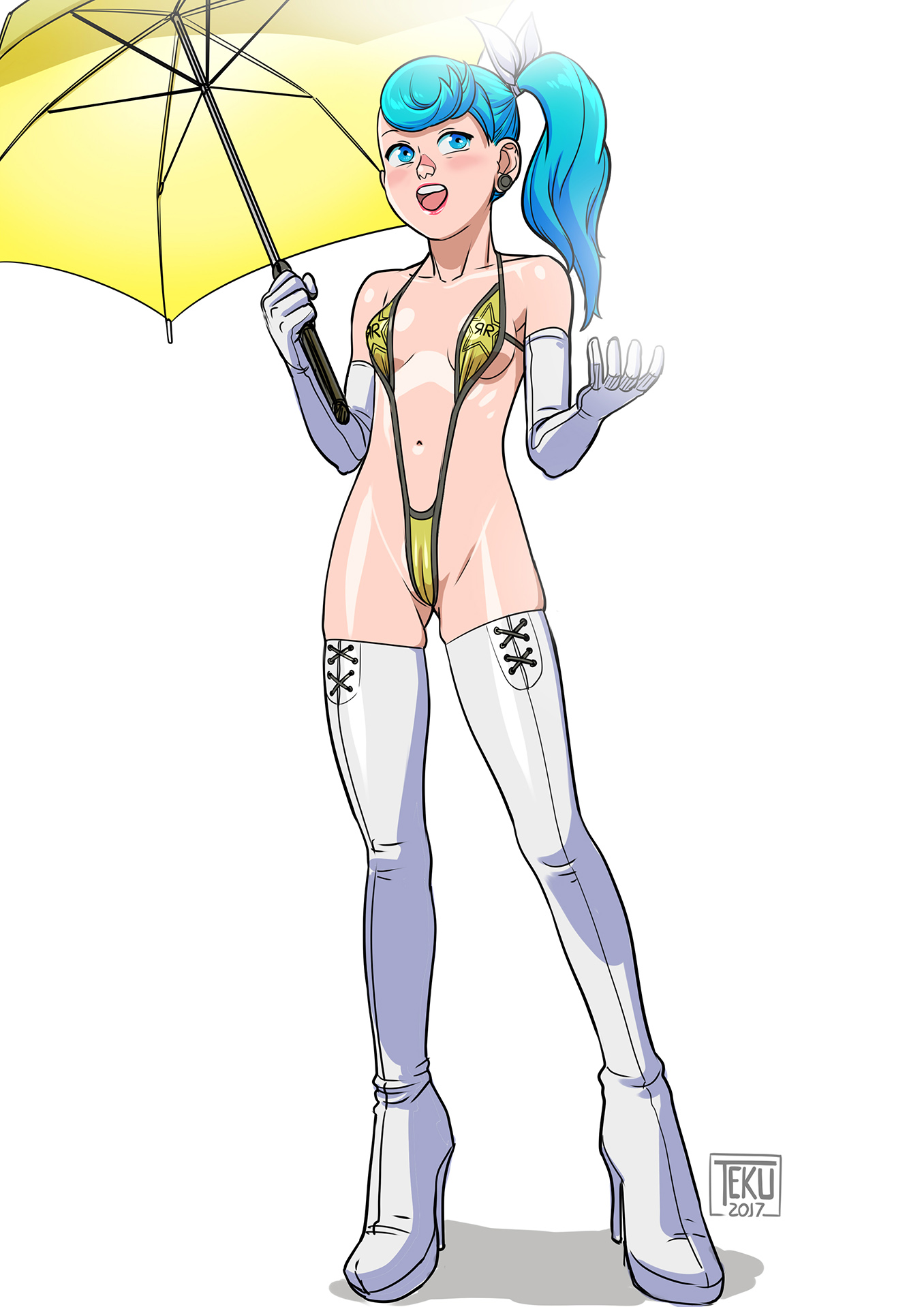 1girls, 2017, bikini, blue eyes, blue hair, blush, breasts, cameltoe, dated, elbow gloves, female, female only, footwear, fuck me boots, gloves, high heel boots, high heels, highres, hourglass figure, human, legwear, lipstick, long hair, navel, open mouth, petite, ponytail, pussy, race queen, red lipstick, revealing clothes, side ponytail, signature, simple background, skimpy, skindentation, sling bikini, small breasts, solo, standing, teenager, tekuho, thighhigh boots, thighhighs, umbrella, white background