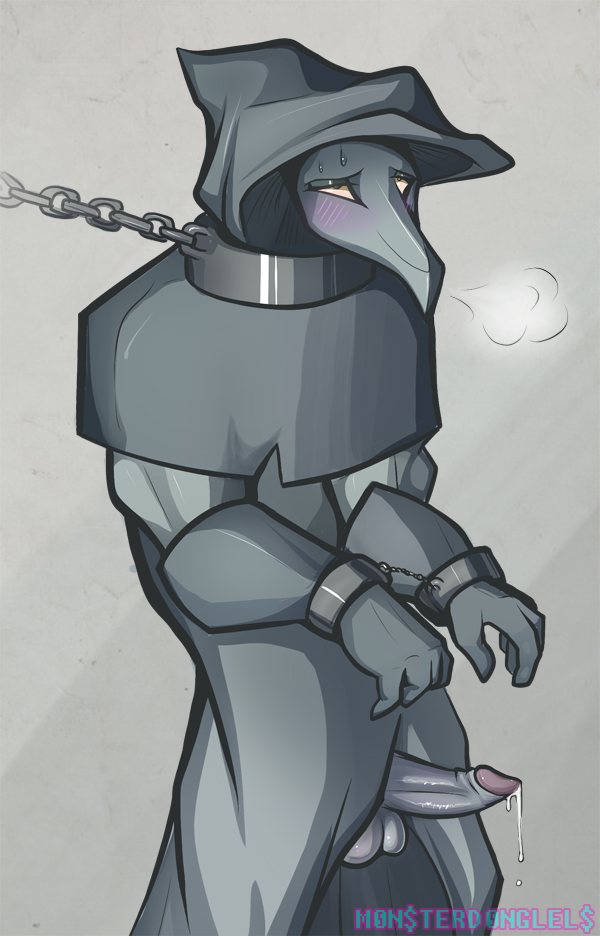 1boy, amber eyes, balls, blush, bondage, bound, collar, cum, grey penis, handcuffs, male, male only, panting, penis, plague doctor, rosemary-the-skunk, scp containment breach, scp foundation, scp-049, shackles, solo, solo male, sweat, third subdivision studios, uncensored