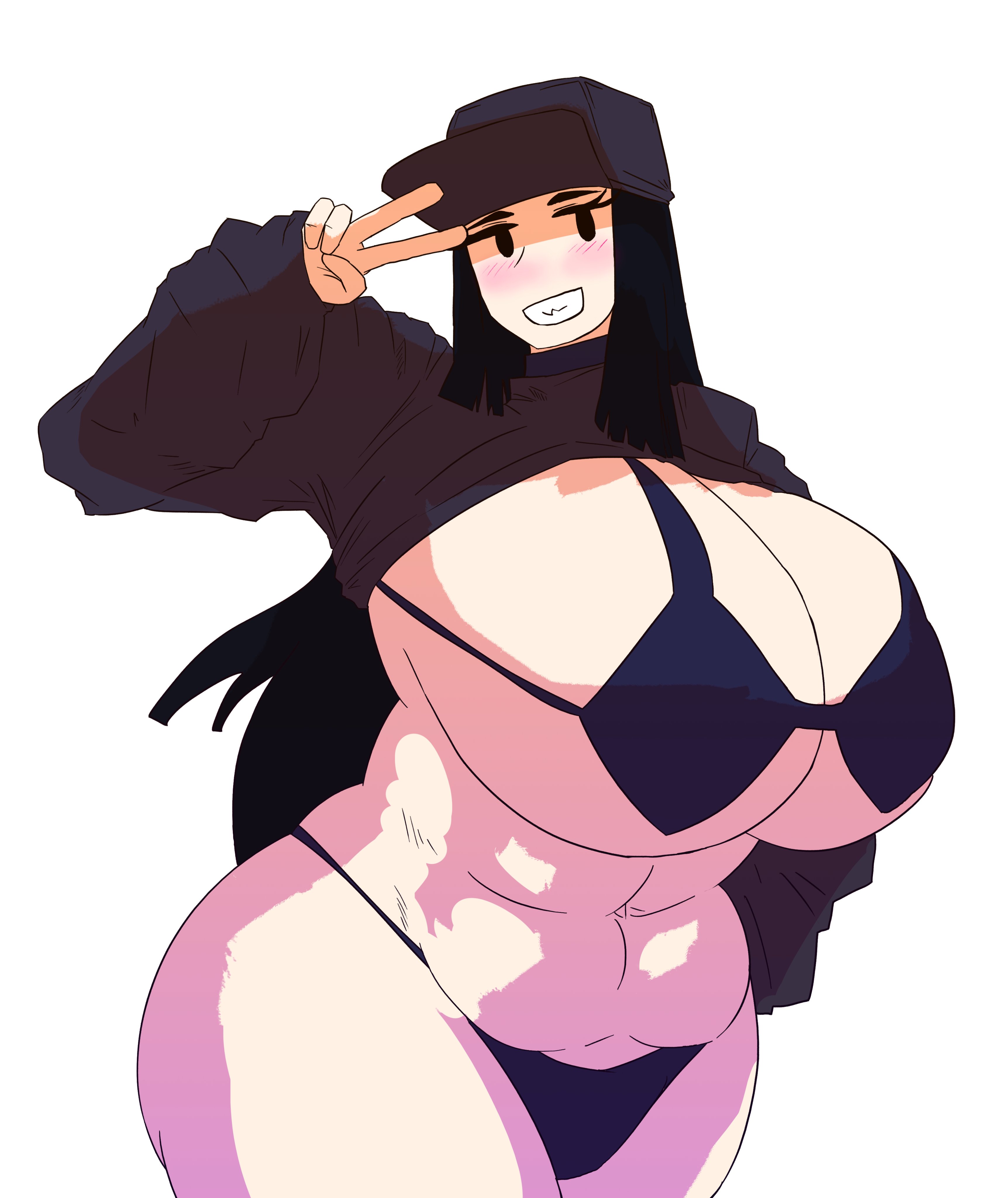 1girls, 925kyohei, abdominals, abs, arm up, belly, belly button, big breasts, big cleavage, big hips, big thighs, bikini, bikini bottom, bikini top, black bikini, black bikini bottom, black bikini top, black choker, black eyes, black hair, black hat, black jacket, blush, blushing at viewer, breasts, breasts bigger than head, cassette girl, choker, chubby, cleavage, eyelashes, female, hat, headwear, high resolution, highres, huge breasts, huge hips, huge thighs, jacket, jacket lift, long hair, mons pubis, musclegut, muscular, muscular female, newgrounds, peace sign, smiling, smiling at viewer, solo, solo female, strong female, strong woman, strongfat, voluptuous, voluptuous female, white background