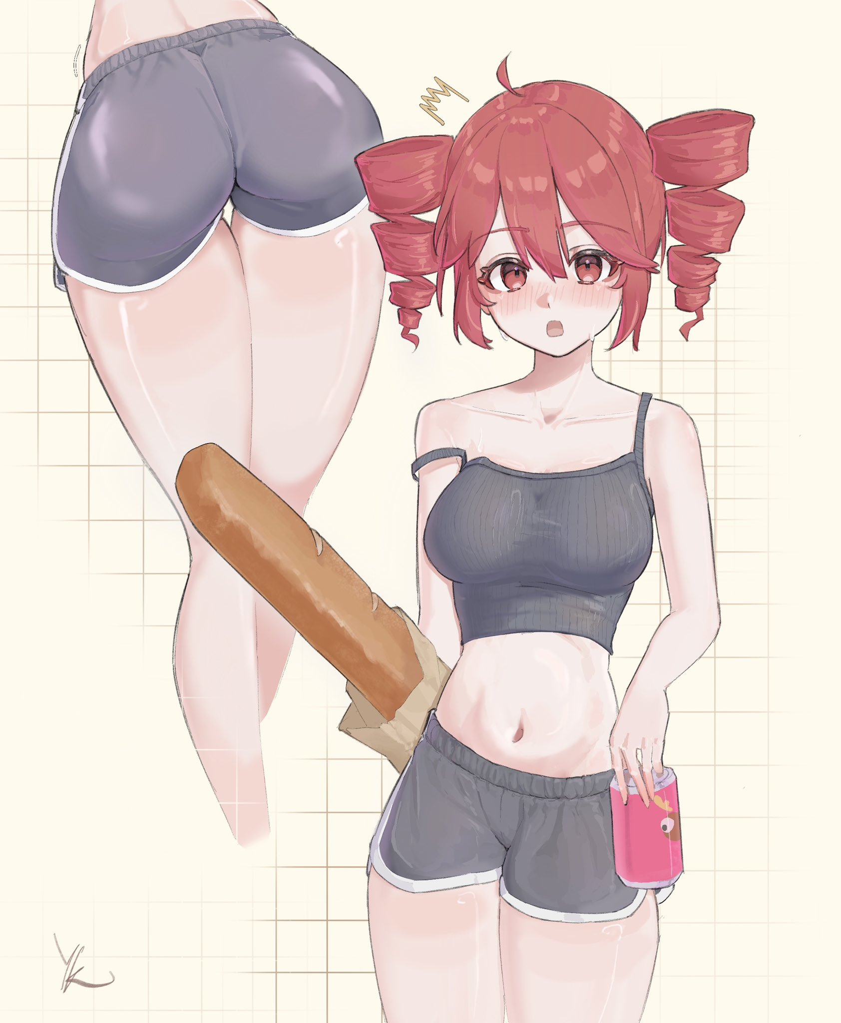 1girls, 2d, 2d (artwork), ahoge, artist signature, ass, back, back view, baguette, belly, big ass, big thighs, blush, blush lines, blushing, crop top, dolphin shorts, exposed belly, female, female only, food, front view, grid, grid background, gym shorts, kasane teto, large ass, large thighs, navel, open mouth, petite, petite body, petite female, red eyes, red hair, shiny skin, shirt, short shorts, shorts, simple background, skinny, skinny female, slim female, slim waist, soda, soda can, solo, solo female, strap slip, thick thighs, thigh gap, thighs, topwear, twin drills, utau, white background, wide hips, yaki iskute