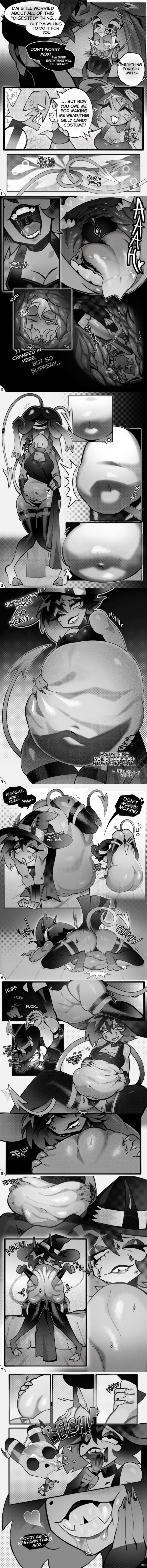 black and white, comic, death, digestion, fatal vore, fear, helluva boss, instant digestion, killing, millie (helluva boss), moxxie (helluva boss), murder, rapid digestion, screaming, stomach deformation, tagme, vore, vore belly, voremaxx