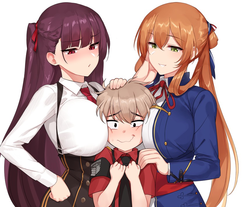 1boy, 2girls, age difference, blush, braid, breasts, brown hair, commander (girls' frontline), embarrassed, female, girls' frontline, green eyes, hair ribbon, hand on another's head, hand on another's shoulder, hand on own hip, height difference, huge breasts, long hair, looking at another, looking at viewer, male, multiple females, multiple girls, ndgd, one side up, parted lips, ponytail, purple hair, red eyes, ribbon, sandwiched, side braid, sidelocks, simple background, smaller male, smile, springfield (girls' frontline), sweatdrop, underboob, underbust, wa2000 (girls' frontline), wavy mouth, white background