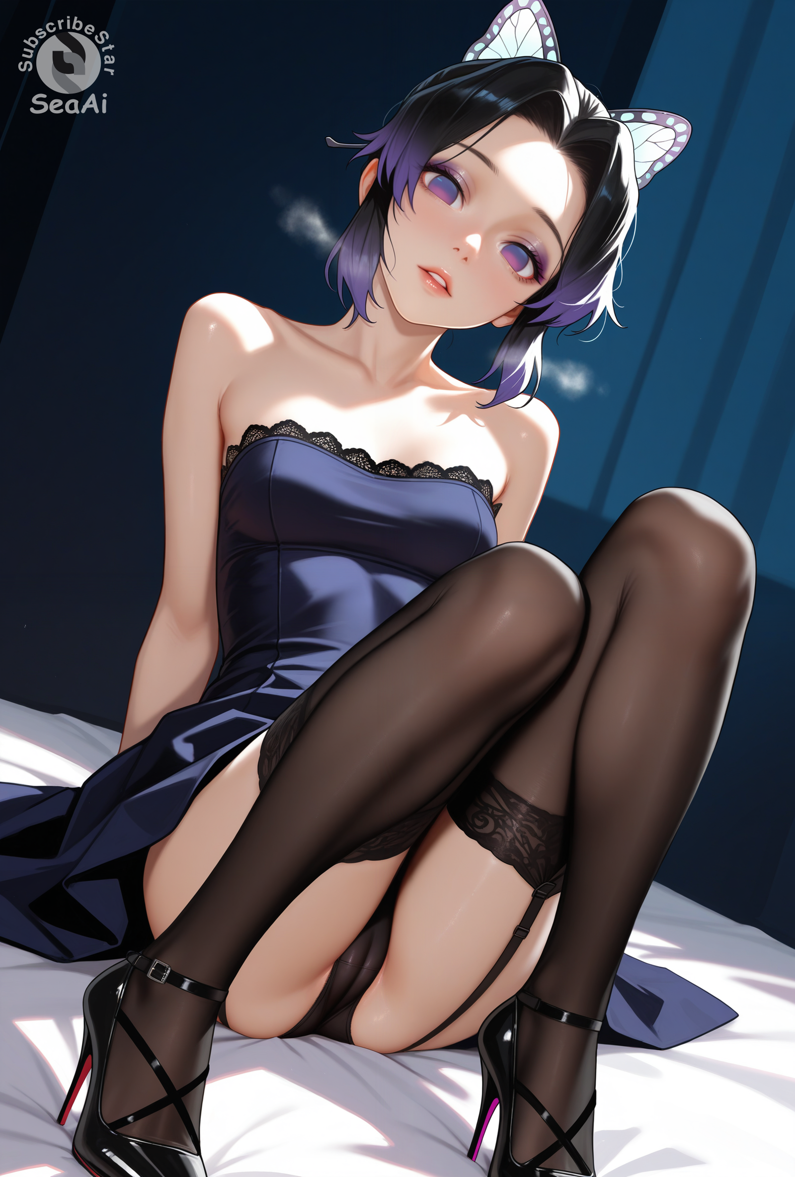 1girls, ai generated, cameltoe, demon slayer, dress, female, head tilt, high heels, indoors, kimetsu no yaiba, kochou shinobu, on bed, panties, parted lips, seaai, seacreator, sitting, sitting on bed, stockings, subscribestar, subscribestar logo, subscribestar username, thighhighs, watermark