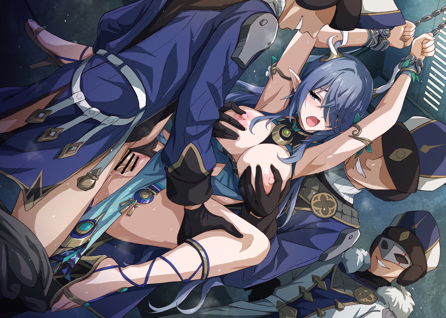 3boys, antlers, bar censor, bare shoulders, black gloves, blue hair, blue hat, bondage, bound, breasts, censored, clothed sex, deer antlers, dress, evil smile, eye mask, faceless, faceless male, fatui, fatui oprichniki, female, gangrape, genshin impact, gloves, grabbing another's breast, grabbing from behind, groping, group sex, hair over one eye, hat, high heels, horns, large breasts, lauma (genshin impact), long hair, male, marugoshi (54burger), mmf threesome, multiple boys, multiple males, nipples, open mouth, pointy ears, pussy, rape, restrained, sex, smile, straight, threesome, tongue, vaginal penetration