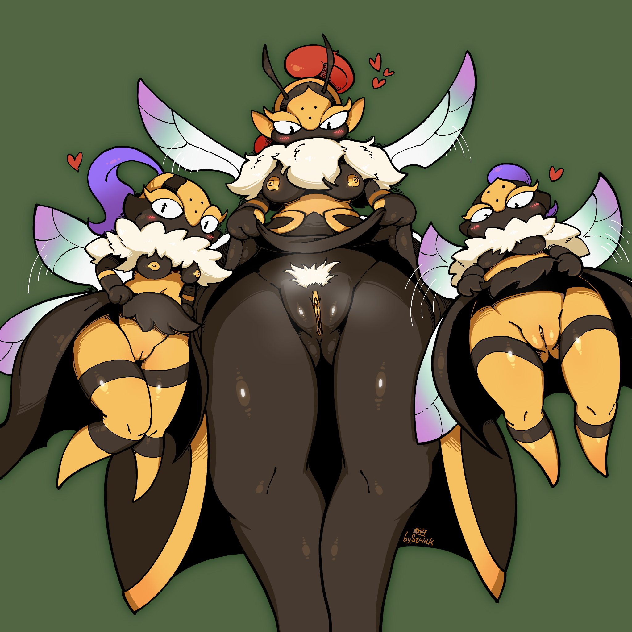 1:1, 2024, 3girls, alternate version at source, antennae (anatomy), anthro, arthropod, artist name, artist signature, bee humanoid, beegarde, black body, blush, bottomless, breasts, brown body, butt from the front, dress aside, elizabee, eye contact, female, flashing pussy, from below, furry, group nudity, hearts around head, helmet, hi res, hymenopteran, insect girl, insect wings, lifting dress, long ponytail, navel, neck tuft, no panties, non-mammal breasts, pal (species), palworld, pocketpair, presenting vagina, pubic hair, pussy, shiny skin, squidking, striped body, thick thighs, topless, trio, upskirt, vulva, yellow nipples