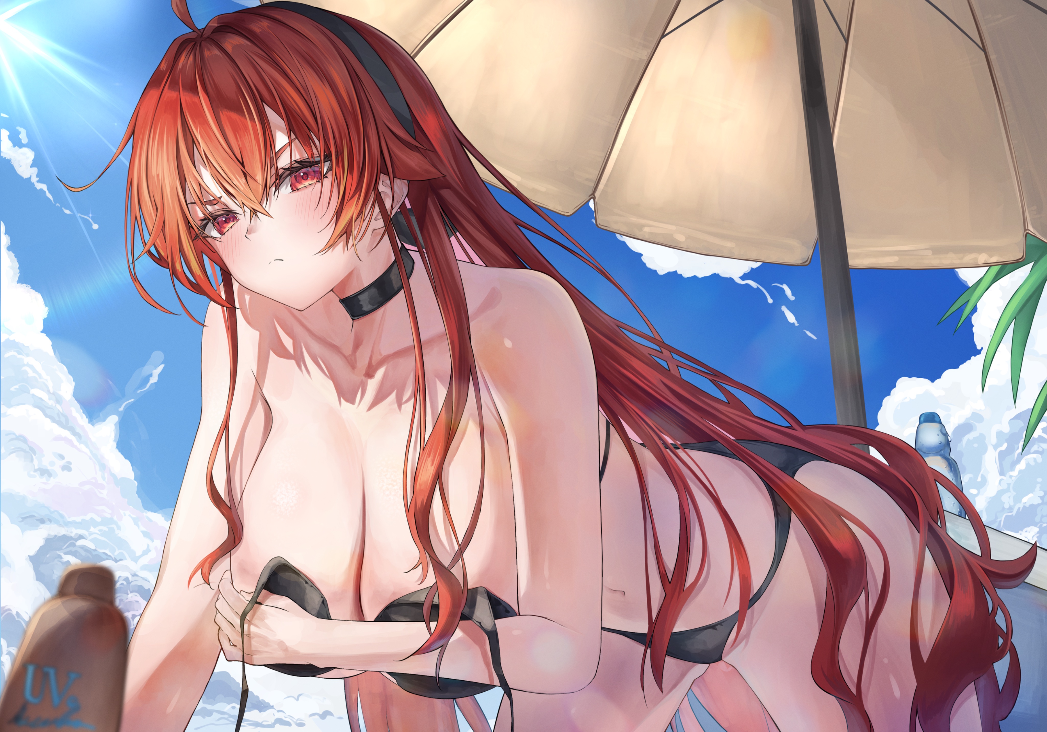 absurdres, bare shoulders, beach, beach umbrella, bikini, black bikini, black hairband, blue sky, blush, breasts, choker, cleavage, cloud, collarbone, crossed bangs, day, eris greyrat, female, hair between eyes, hairband, highres, large breasts, long hair, long sleeves, looking at viewer, marbo (saico556), mushoku tensei, navel, outdoors, red eyes, red hair, sky, solo, swimsuit, thick eyebrows, thighs, umbrella, very long hair