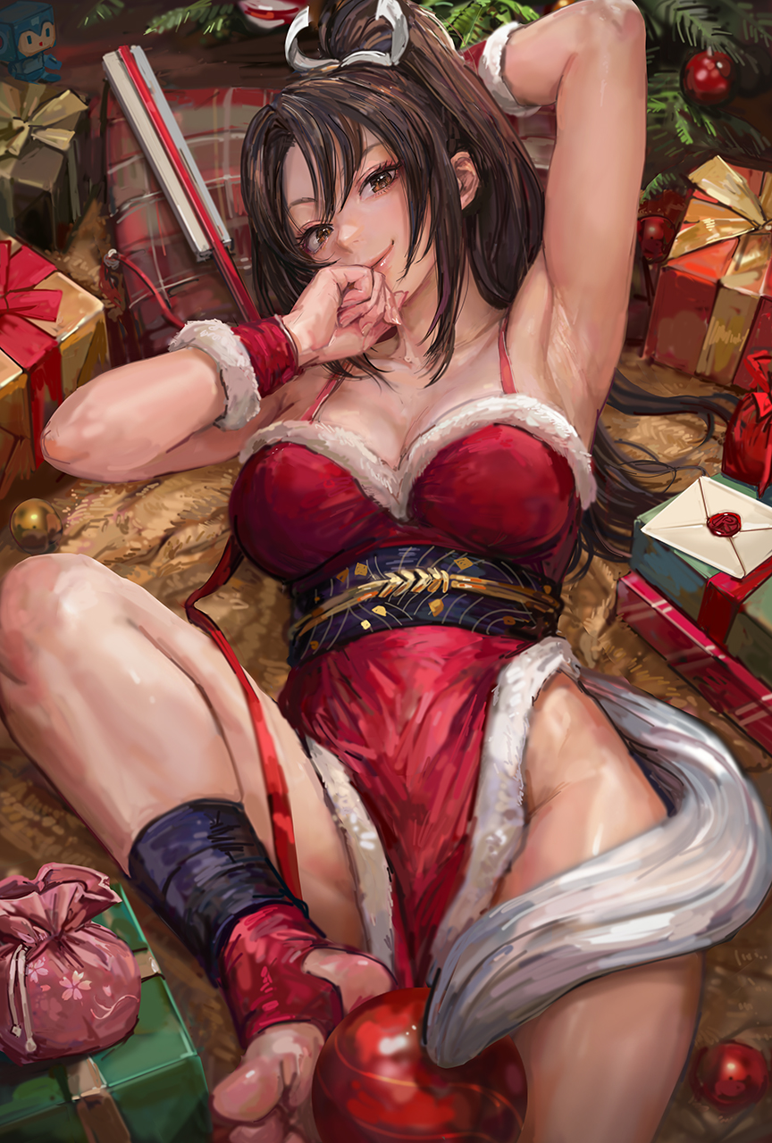 1girls, adapted costume, arm behind head, arm up, armpits, bare shoulders, breasts, brown eyes, brown hair, capcom, christmas, christmas ornaments, christmas present, cleavage, closed mouth, collarbone, commentary request, dress, envelope, fan, fatal fury, feet, female, folding fan, foot out of frame, fur trim, fur-trimmed dress, gift, hair ornament, hand fan, high ponytail, highres, king of fighters, knee up, kunoichi, large breasts, letter, light skin, light-skinned female, lips, long hair, looking at viewer, lying, mai shiranui, mega man (character), mega man (classic), mega man (series), miche, no shoes, obi, on back, pelvic curtain, pink lips, ponytail, pouch, red dress, santa costume, santa dress, sash, smile, snk, solo, spaghetti strap, stirrup legwear, stirrup socks, the king of fighters, toeless legwear, toes