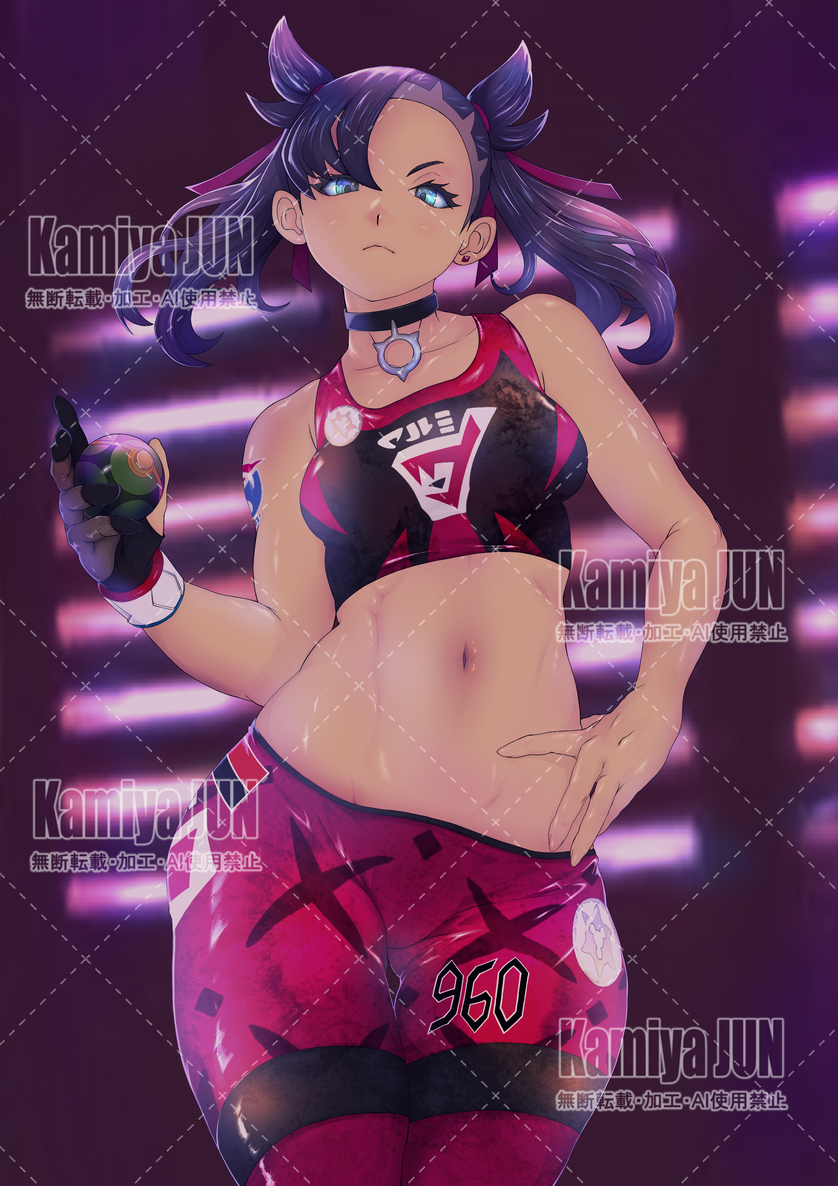 absurdres, aqua eyes, arm tattoo, asymmetrical bangs, black choker, black hair, black sports bra, breasts, choker, closed mouth, dynamax band, earrings, female, female only, gloves, hair ribbon, hand on own hip, highres, holding, jewelry, kamiya jun, looking at viewer, marnie (pokemon), medium breasts, midriff, navel, nintendo, pants, pokemon, pokemon ss, purple pants, ribbon, single earring, single glove, solo, sports bra, stomach, stud earrings, tattoo, twintails, undercut, watermark, watermark grid