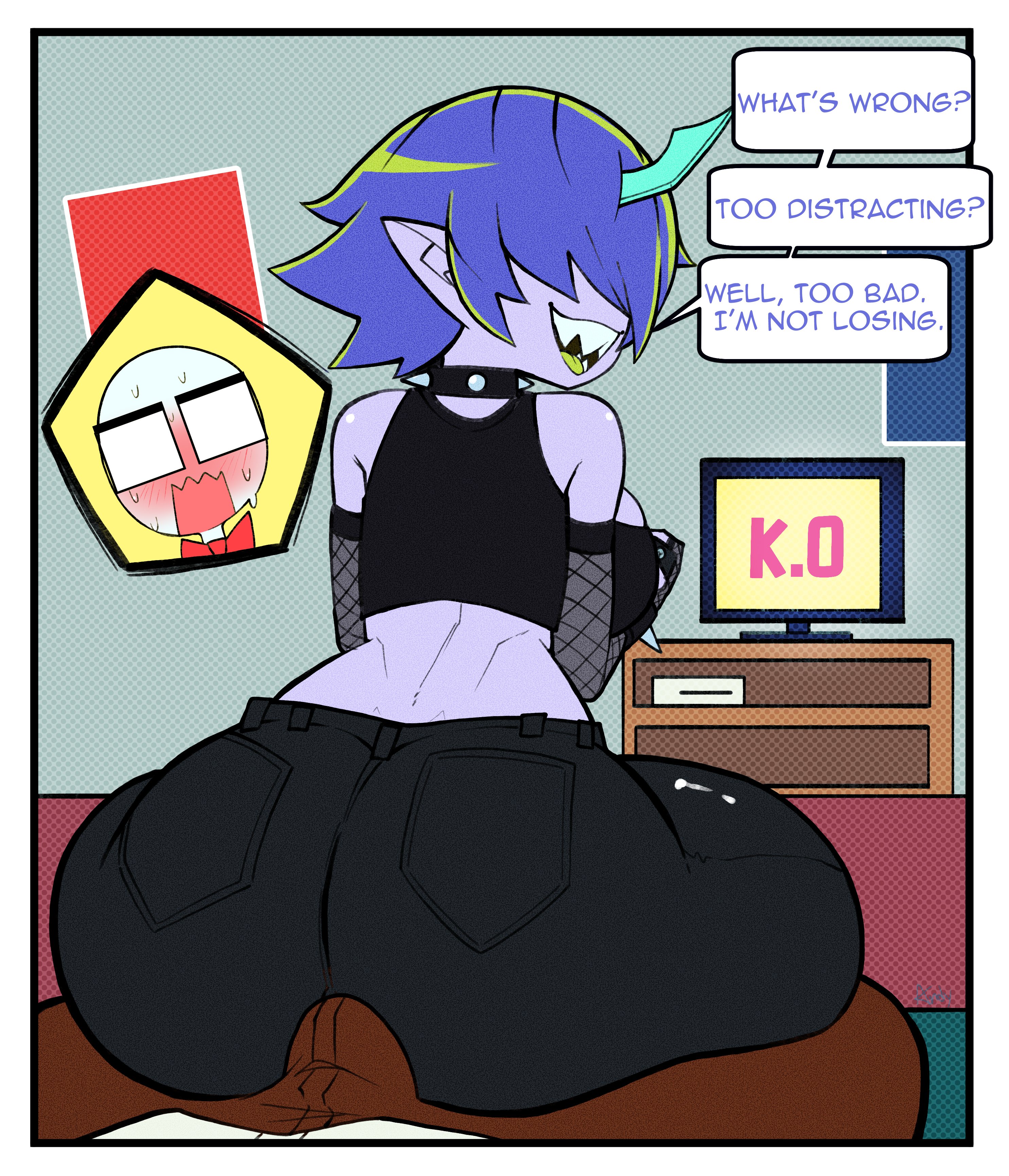 1boy, 1girls, andychull, ass, ass focus, back, back view, bed, bedroom, big ass, blue hair, blue skin, blue-skinned female, comic, crop top, english text, erect penis, erection, erection under clothes, female, goth, goth girl, green tongue, grinding, grinding on penis, grinding through clothes, hair over eyes, male, nerd, nerd (andychull), nerdy male, pale skin, pale-skinned male, penis, playing videogame, punk, punk girl, sharp teeth, short hair, sidahna, spiked bracelet, spiked collar, triangular ears, video games