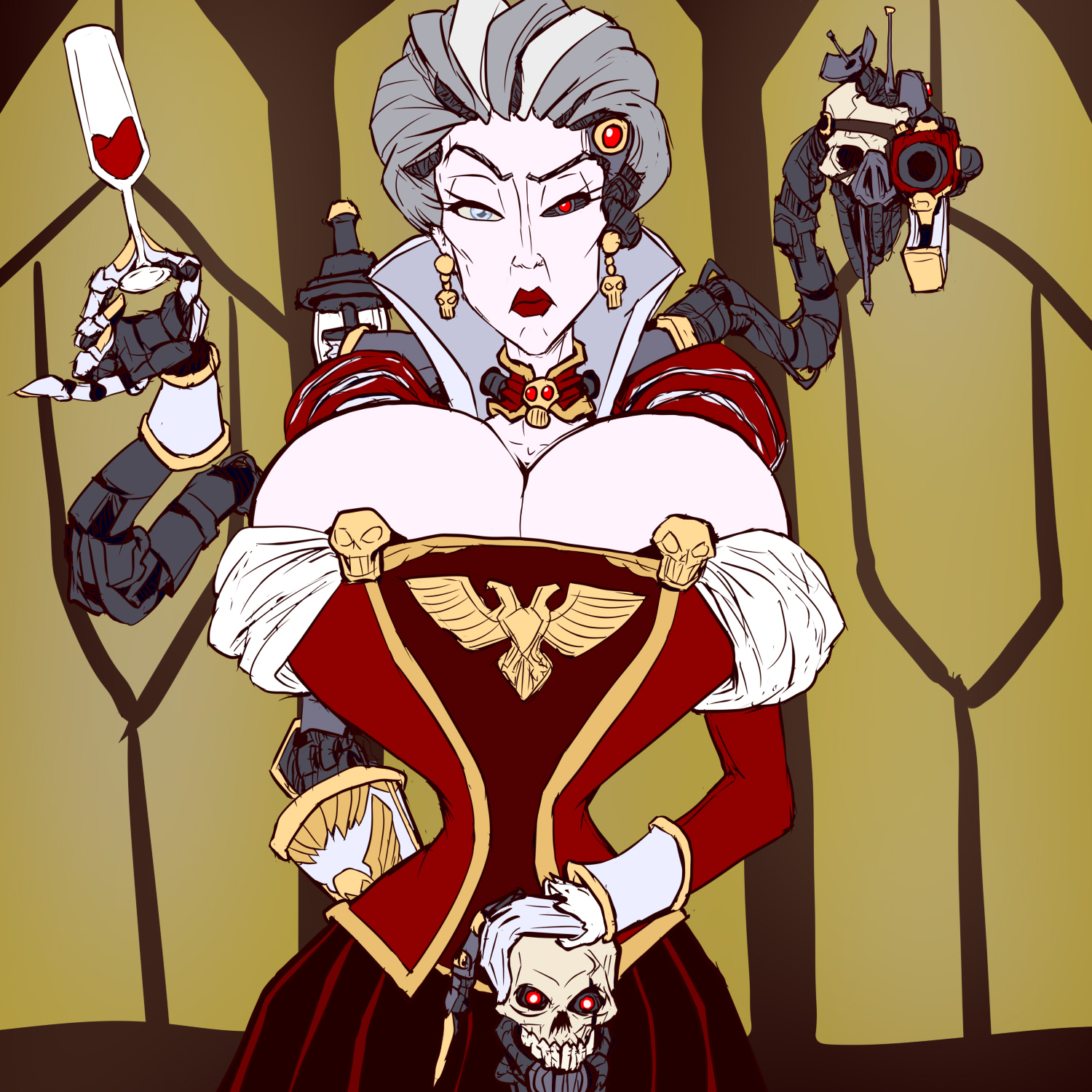 1girls, big ass, big breasts, big thighs, breasts, breasts bigger than head, breasts spilling out, bust, busty, camprynn du grescaal, chest, curvaceous, curvy, curvy figure, cybernetics, digital media (artwork), female, gilf, goes hard, governor, hard image, hips, hourglass figure, huge ass, huge breasts, huge thighs, imperium of man, jon freeman, large ass, large breasts, large thighs, light, light skin, light-skinned female, mature, mature female, original character, robot arms, servo-skull, slim waist, thick, thick hips, thick legs, thick thighs, thighs, voluptuous, waist, warhammer (franchise), warhammer 40k, what, wide hips