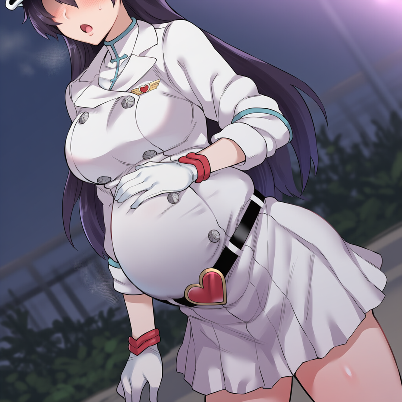 absurd res, absurdres, ai generated, bambietta basterbine, black hair, bleach, bleach: the thousand-year blood war, blush, breasts, color, darklust, female, hi res, high resolution, highres, human, large breasts, military, military hat, military uniform, motion blur, motion lines, novelai, pregnant, pregnant female, purple eyes, self upload, solo, speed lines, sweat, tagme, uncensored, white jacket