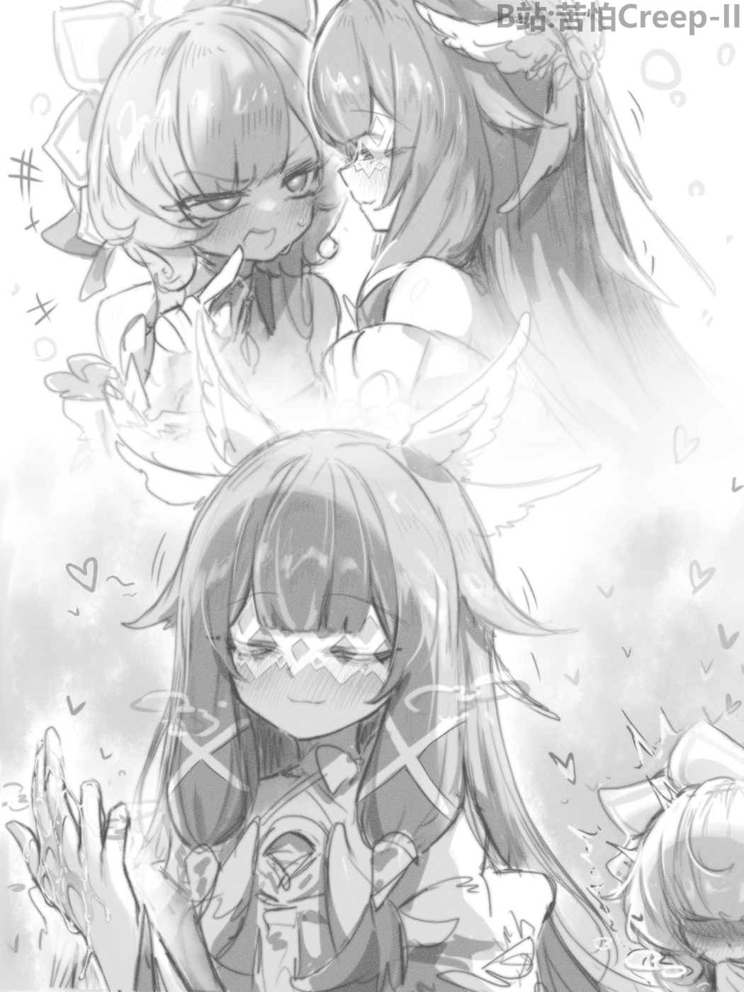 2girls, after fingering, bilibili username, blush, chinese commentary, closed mouth, columbina (genshin impact), commentary request, eye mask, female, genshin impact, greyscale, highres, implied fingering, kupa (jesterwii), long hair, monochrome, multiple females, multiple girls, open mouth, pussy, pussy juice, sandrone (genshin impact), yuri