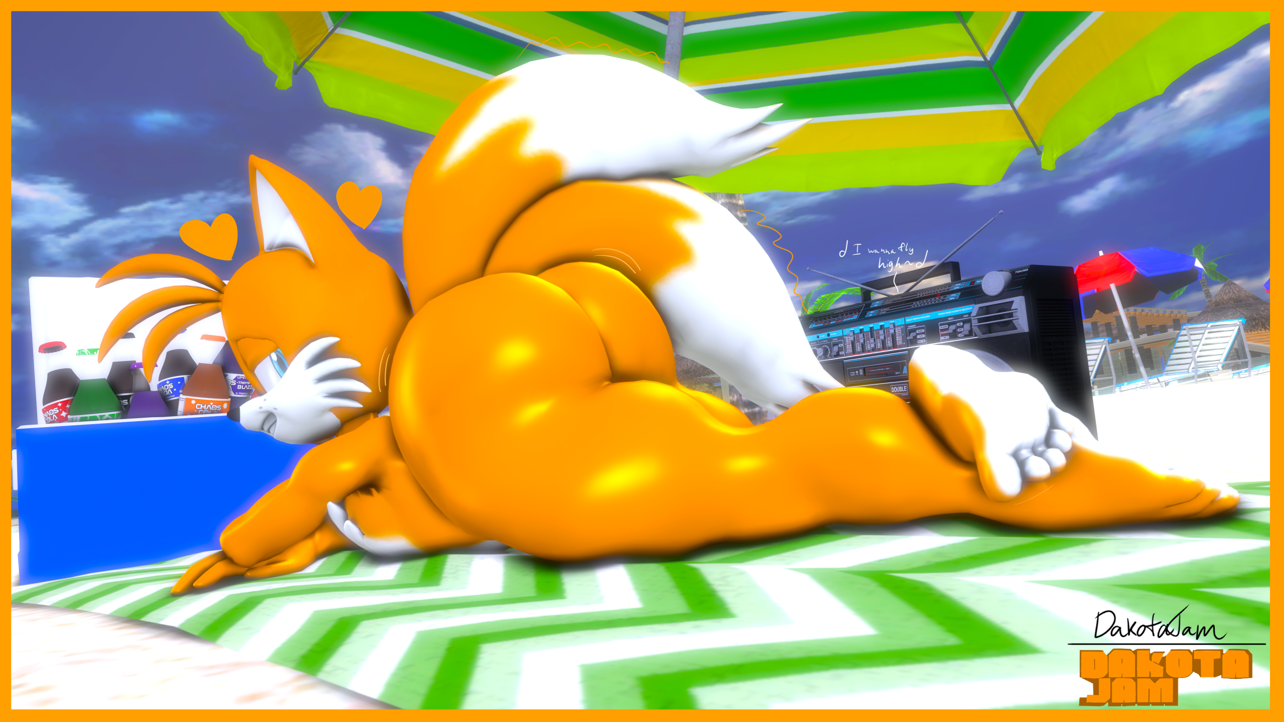16:9, 1boy, anthro, ass, beach, beach chair, beach towel, beach umbrella, bedroom eyes, beverage, big butt, boombox, border, butt jiggle, canid, canine, cooler, crossed legs, dj ballistic5, fox, freckles, heart symbol, hi res, jiggling, looking at viewer, looking back, lying, male, male only, mammal, miles tails prower, motion lines, narrowed eyes, on front, palm tree, parasol, plant, seductive, sega, smile, smiling at viewer, soda, soda bottle, solo, sonic (series), sonic the hedgehog (series), tails the fox, thick thighs, towel, tree, widescreen, yellow border