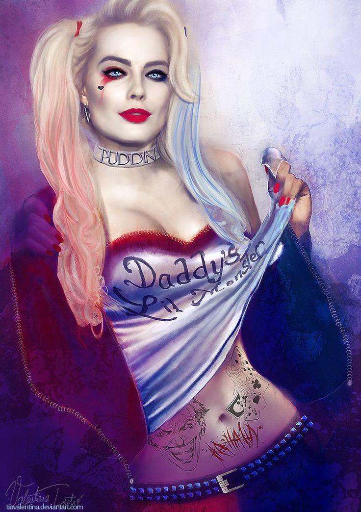 1girls batman_(series) belly belt blonde_hair blue_eyes blue_strand blue_strand_of_hair blue_wisp_of_hair bracelet celebrity clothes clothing collar dc dc_extended_universe dyed_hair earrings eddieholly female female_only fully_clothed harley_quinn illustration jacket makeup margot_robbie multicolored_hair navel pigtail_band pigtail_ribbon pigtails red_strand_of_hair red_wisp_of_hair scrunchie shorts solo suicide_squad t-shirt tattoo tattoos tied_hair twintails valentina_tutic