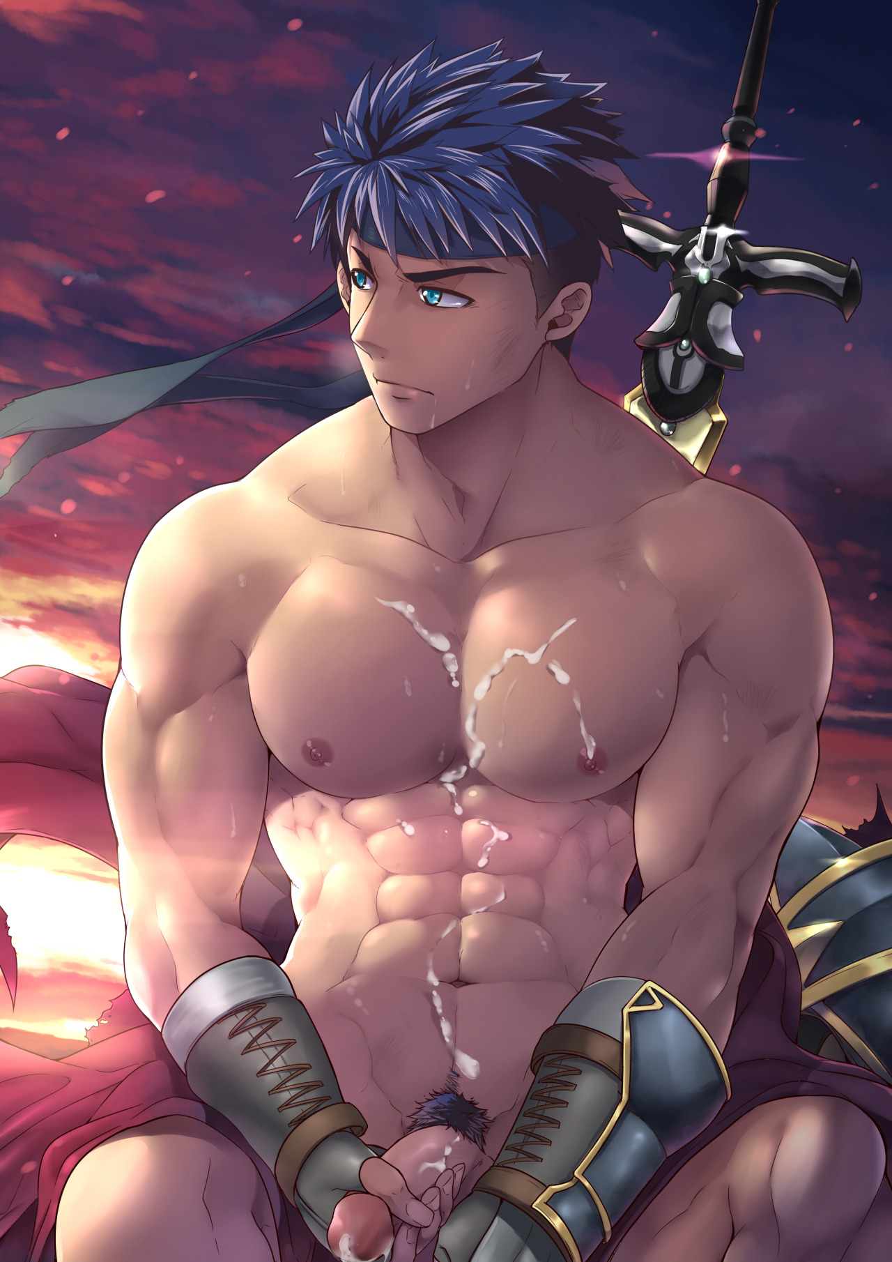1boy, abs, after masturbation, after orgasm, bandana, bara, biceps, blue eyes, blue hair, bodily fluids, bracelet, cum, cum drip, cum on body, cum on penis, cum on self, duplicate, ejaculation, erection, fire emblem, fire emblem: path of radiance, fire emblem: radiant dawn, functionally nude, glans, human, human only, ike (fire emblem), looking to the side, male, male focus, male masturbation, male nipples, male only, male pubic hair, masturbation, mazjojo, muscles, muscular, muscular male, naked, navel, nipples, nude, outdoors, outside, pecs, penile masturbation, penis, penis grab, pubic hair, solo, solo focus, solo male, sunset, sweat, sword, triceps, weapon, yaoi