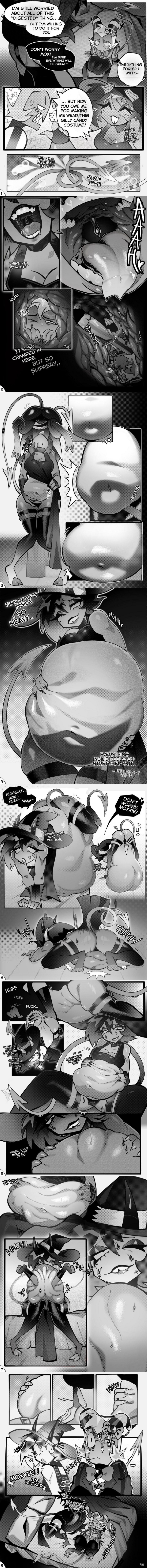 1boy, 1girls, black and white, canon couple, comic, consent, couple, couple (romantic), digestion, female, helluva boss, kink, male, millie (helluva boss), moxxie (helluva boss), no penetration, nonfatal, reformation, vore, voremaxx