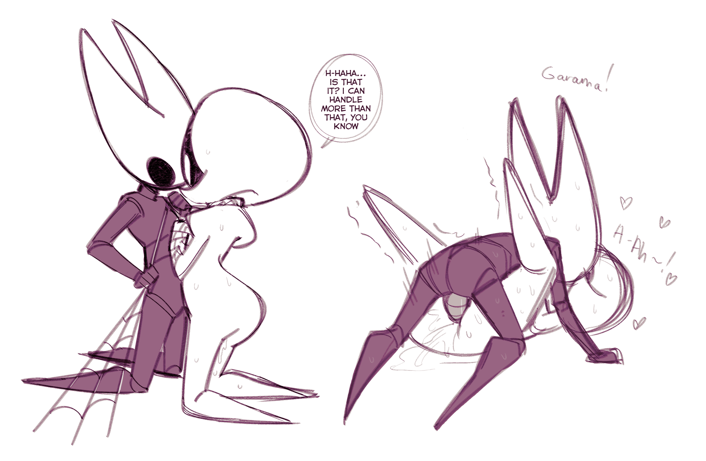 2girls, arthropod, ass, bodily fluids, dialogue, duo, english text, female, from front position, hi res, hollow knight, hollow knight (franchise), hornet (hollow knight), kneeling, lace (hollow knight), lying, missionary position, non-human, non-human only, nude, on back, sex, speech bubble, spider web, spread legs, spreading, sweat, team cherry, text, white head, yuri, zenpornmonk