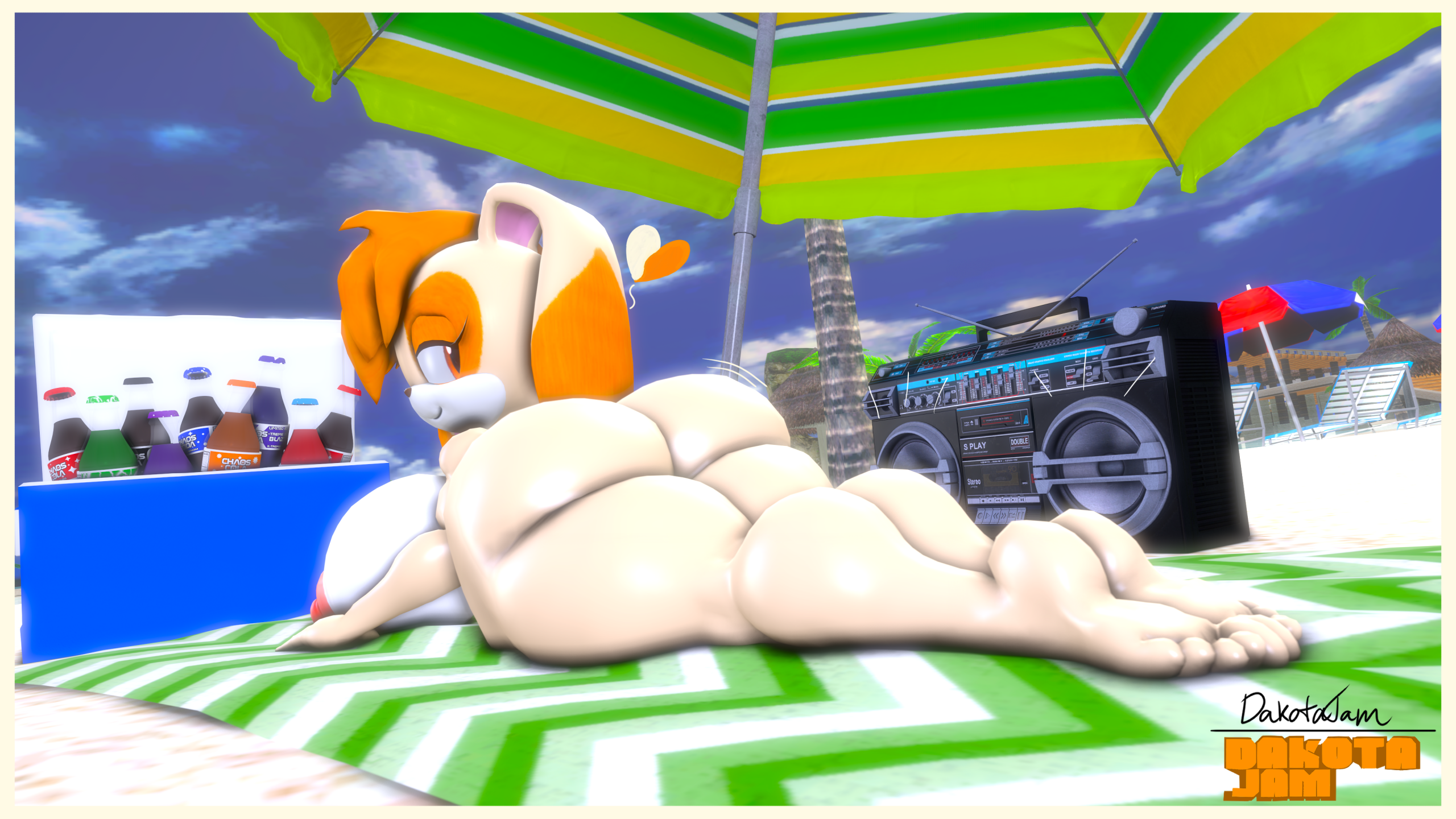 3d (artwork), aged up, anthro, ass, beach, beach chair, beach towel, beach umbrella, bedroom eyes, beverage, big breasts, big butt, boombox, breasts, butt jiggle, cooler, cream the rabbit, digital media (artwork), dj ballistic5, female, head tuft, heart symbol, hi res, huge breasts, jiggling, lagomorph, leporid, looking at viewer, looking back, lying, mammal, narrowed eyes, nude, on front, palm tree, parasol, plant, rabbit, seductive, sega, soda, soda bottle, solo, sonic (series), sonic the hedgehog (series), thick thighs, towel, tree, tuft