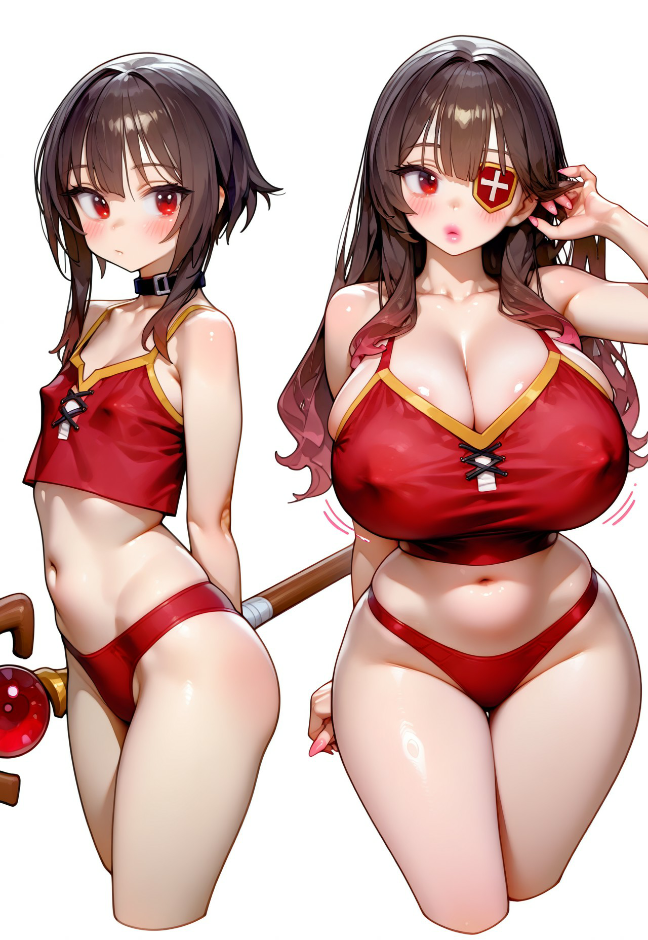 1girls, aged up, ai generated, before and after, belly button, bimbo, bimbo body, bimbo lips, bimbofication, breasts, brown hair, choker, crop top, curvy, curvy figure, female, female only, flat chest, huge breasts, kono subarashii sekai ni shukufuku wo!, light-skinned female, makeup, megumin, navel, petite, petite body, red eyes, red panties, simple background, solo, standing, thick legs, thick thighs, white background, wide hips