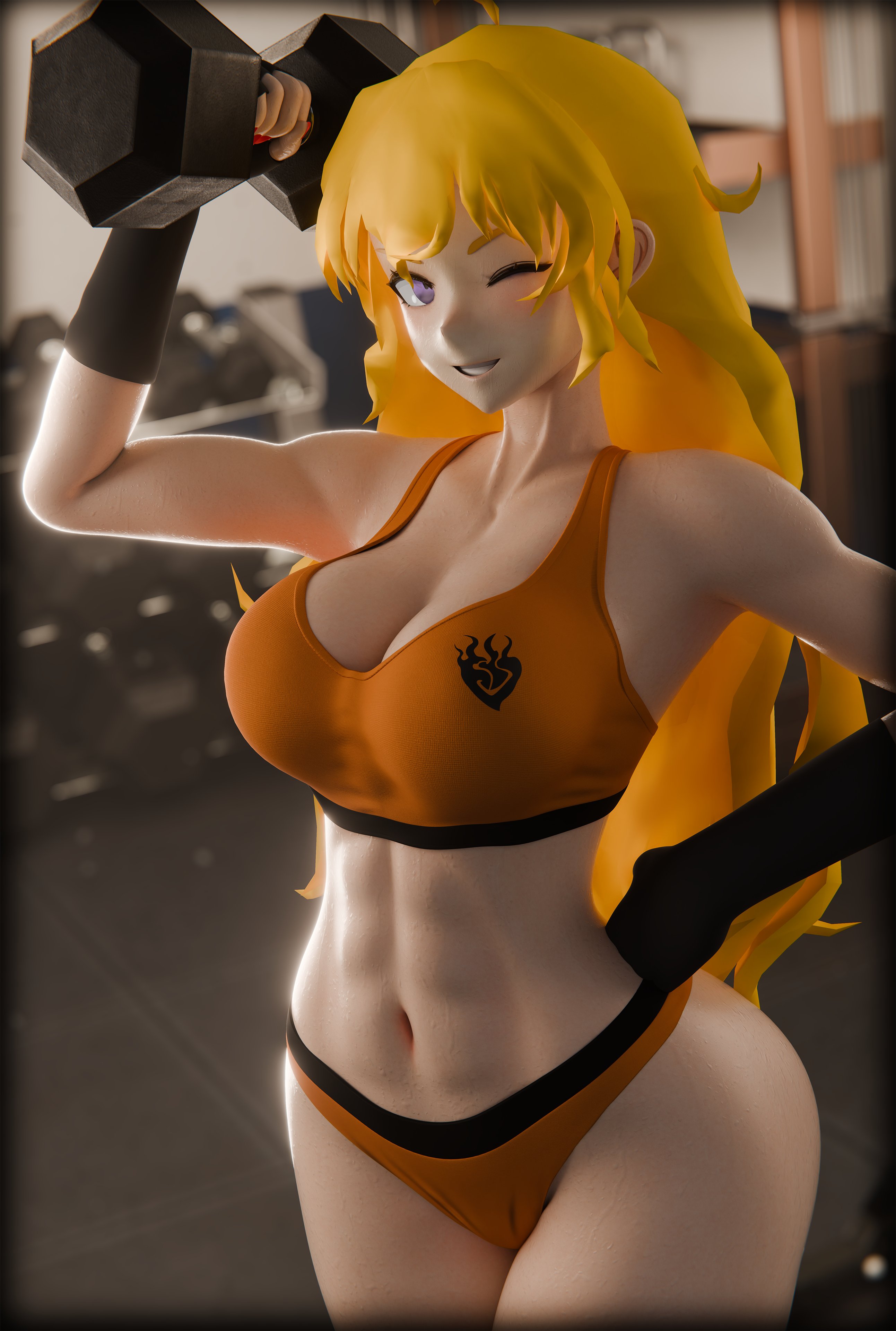 1girls, abs, arm up, big breasts, blonde female, blonde hair, breasts, busty, cleavage, confident, dkclaude3d, female, flexing, gym, gym clothes, gym shorts, hand on ass, large breasts, long hair, long hair female, navel, rwby, smile, solo female, sports bra, toned, weightlifting, weights, wink, yang xiao long