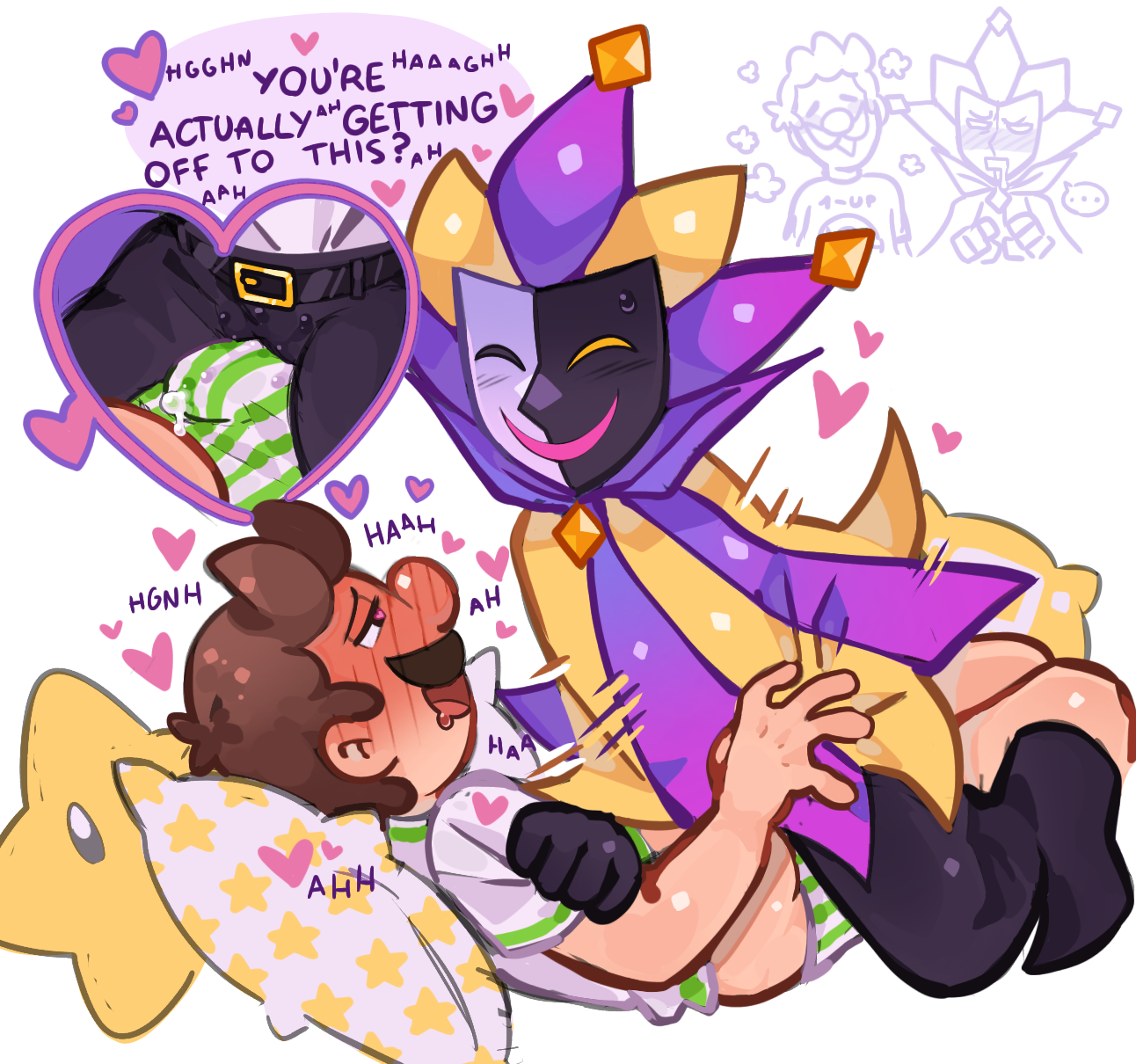clothed, degradation, dialogue, dimentio, dimentiofucker69, dry humping, humping, luigi, male, male/male, mario (series), nintendo, paper mario, speech bubble, super paper mario, wet, yaoi