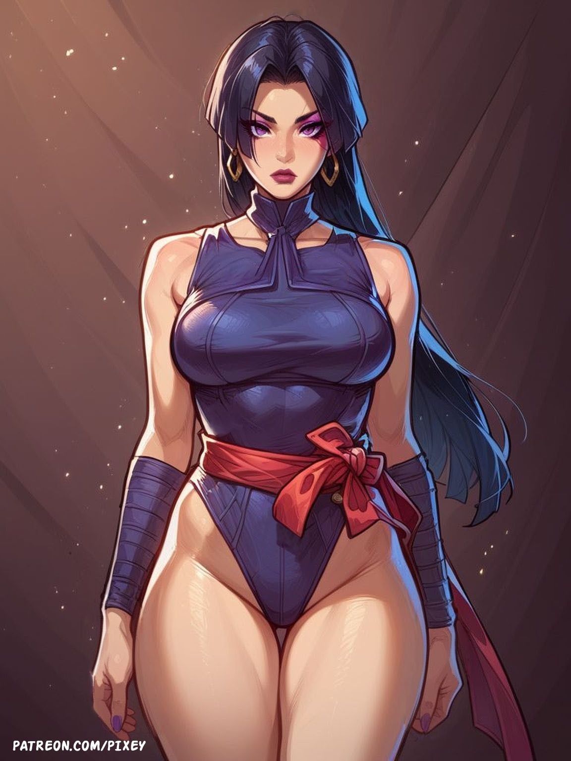 1girls, ai generated, arms at sides, bare shoulders, black hair, blue leotard, breasts, closed mouth, clothing, collarbone, earrings, eyeliner, eyeshadow, female, fingernails, forehead, groin, highleg, highleg leotard, hoop earrings, jewelry, large breasts, leotard, light particles, lips, lipstick, long hair, looking at viewer, makeup, marvel, marvel comics, marvel rivals, medium breasts, nail polish, parted bangs, pink lips, pixey, psylocke, psylocke (sai) (vengeance), purple eyes, purple leotard, purple lips, purple nails, red lips, red sash, sash, solo, standing, thick thighs, thigh gap, thighs, wrist wrap, x-men