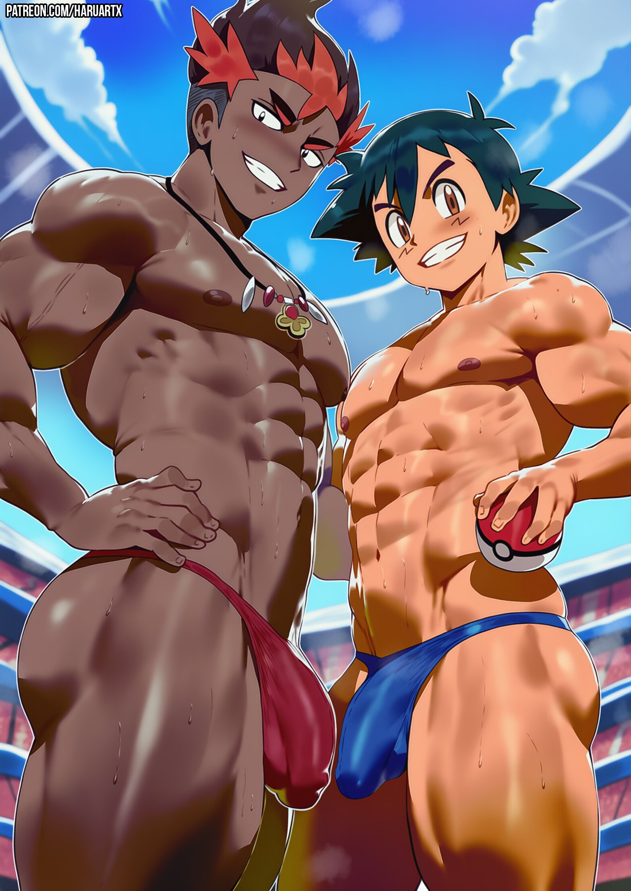 ai generated, ash ketchum, gay, haruartx, kiawe (pokemon), male, pokemon, satoshi (pokemon)
