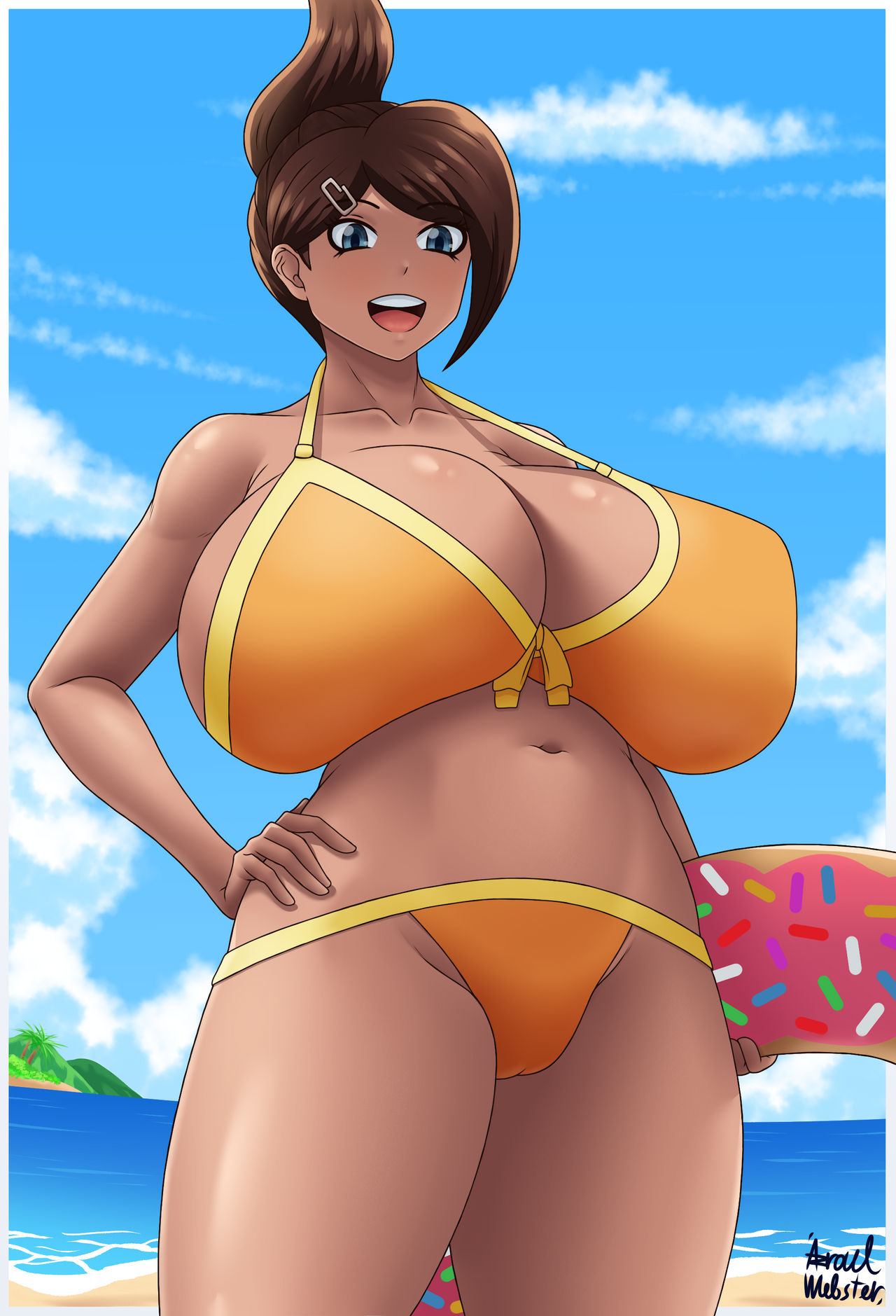 1girls, 2025, asahina aoi, azraelwebster, beach, big breasts, bikini, blue eyes, breasts, brown body, brown hair, brown skin, cleavage, danganronpa, danganronpa s: ultimate summer camp, danganronpa: trigger happy havoc, female, female only, huge breasts, innertube, outdoors, thick thighs, thighs, white border
