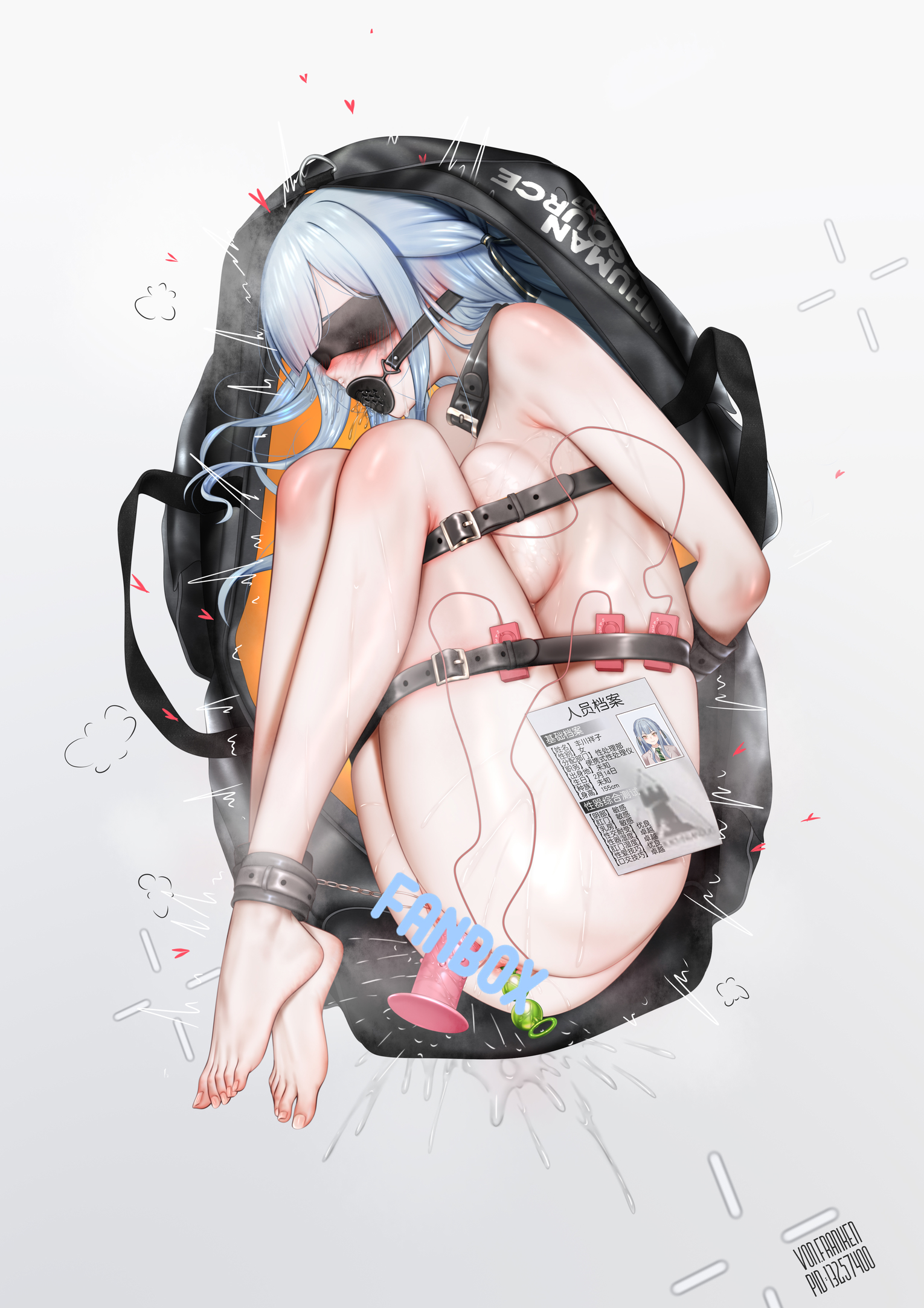 anal beads, arknights, bang dream!, bang dream! it's mygo!!!!!, blindfold, blue hair, bondage, breasts, chinese commentary, chinese text, commentary request, condom, condom wrapper, female, femsub, gagged, highres, large breasts, long hair, paid reward available, pussy, pussy juice, recruitment bag (arknights), remote control vibrator, restrained, sacked, sex toy, sidelocks, simple background, solo, togawa sakiko, translation request, vibrator, von.franken, white background