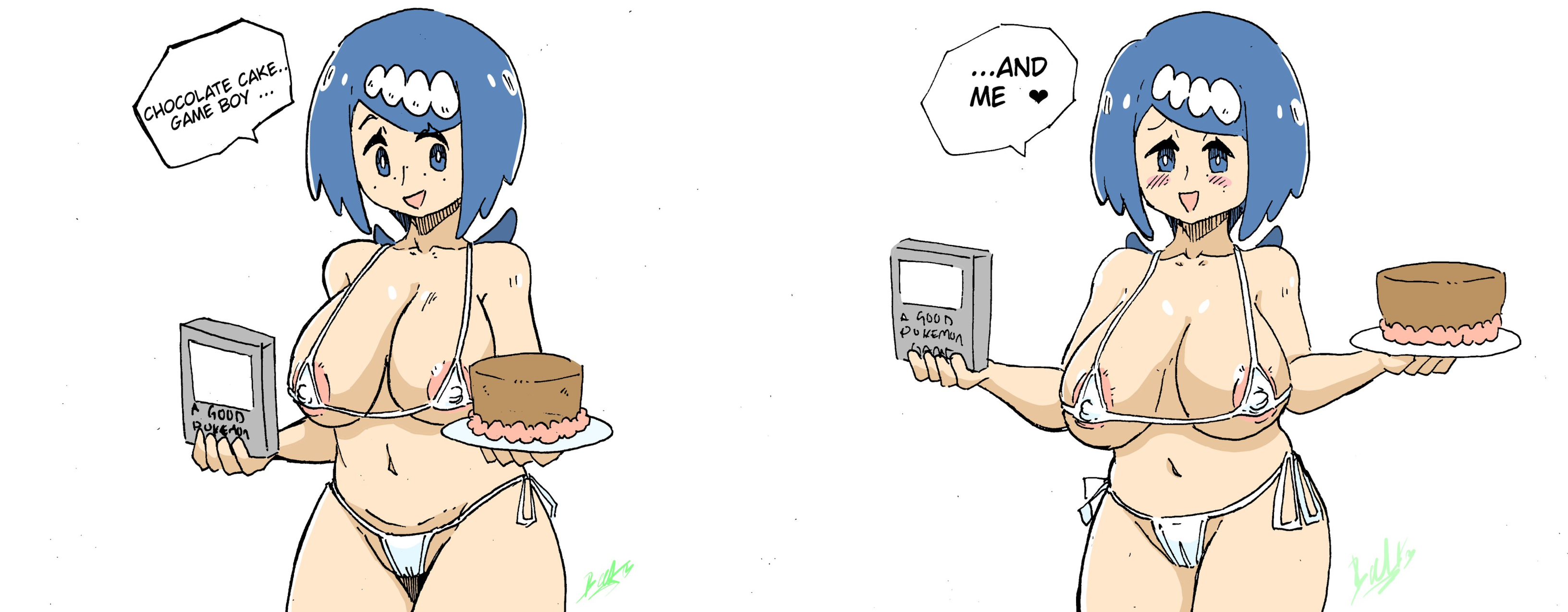 1girls, areola slip, areolae, becku, big breasts, bikini, bikini bottom, bikini top, blue eyes, blue hair, blush, bottomwear, breasts, cake, chocolate cake gameboy and me, cleavage, english, english text, female, female only, freckles, freckles on face, game freak, hair, heart, holding object, holding plate, huge breasts, lana's mother (pokemon), mature, mature female, mature woman, micro bikini, milf, mother, pokemon, pokemon sm, smile, solo, solo female, speech bubble, spoken heart, swimwear, text, topwear, white background, white bikini