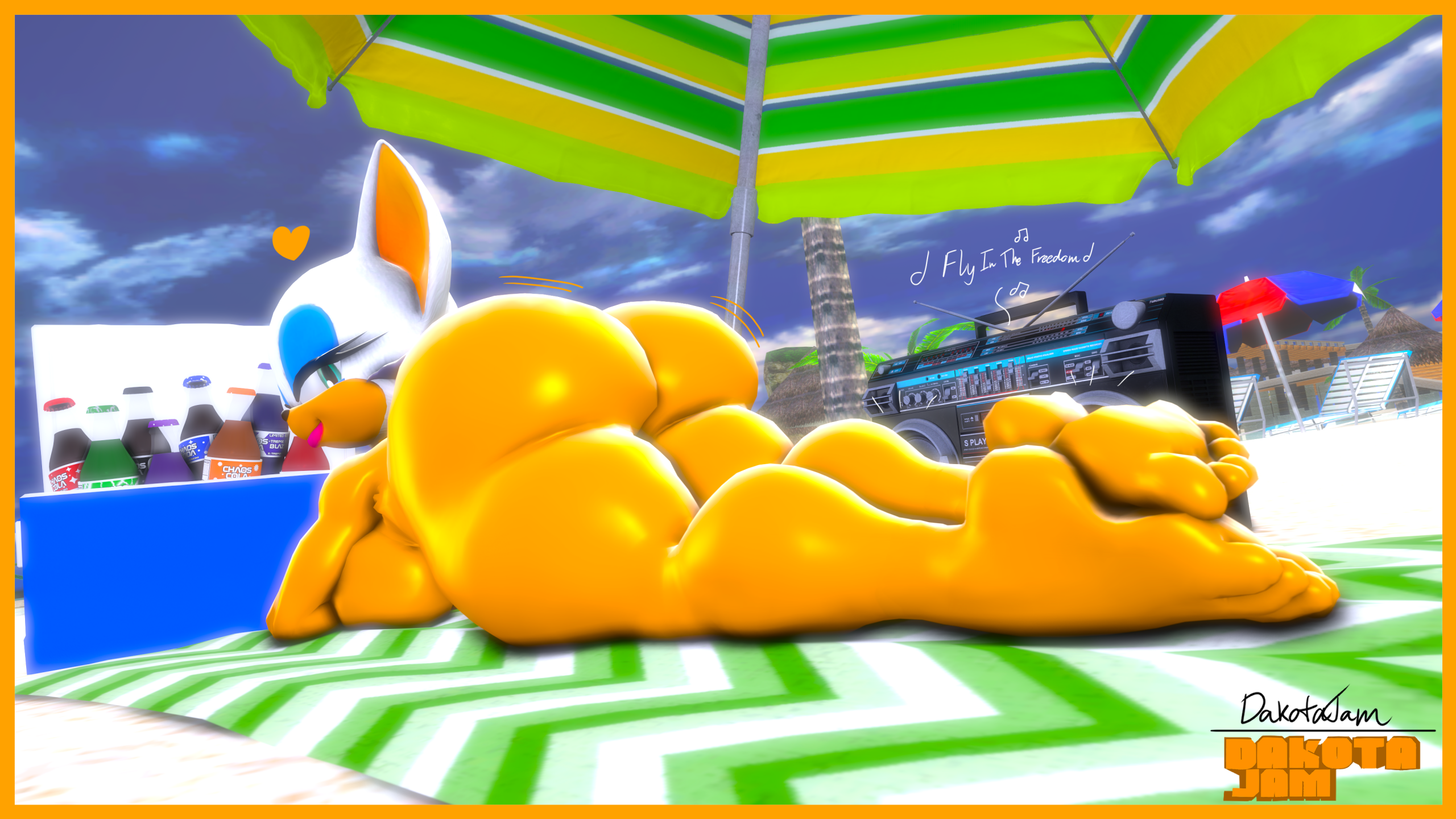 3d, 3d (artwork), 3d model, anthro, ass, bat, beach, beach towel, beach umbrella, bedroom eyes, beverage, big breasts, big butt, boombox, breasts, butt jiggle, cooler, dakotajam, digital media (artwork), dj ballistic5, female, hi res, jiggling, lips, looking at viewer, looking back, lying, mammal, mobian, mobian (species), mobian bat, narrowed eyes, nude, on front, palm tree, parasol, plant, rouge the bat, seductive, sega, smile, smiling at viewer, soda, soda bottle, solo, sonic (series), sonic adventure 2, sonic the hedgehog (series), thick bottom lip, thick thighs, towel, tree