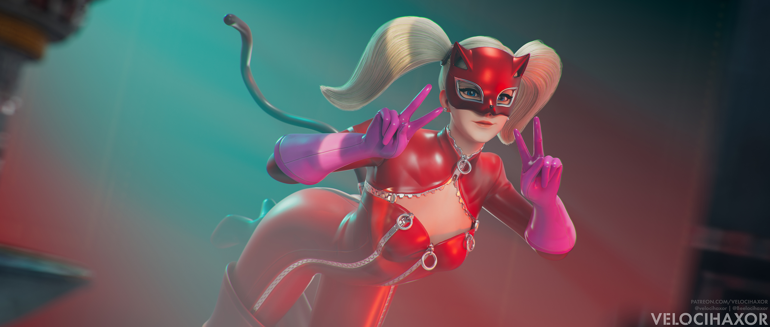 1girls, 2025, 3d, angela ziegler, ann takamaki (cosplay), ann takamaki (panther), blonde hair, bodysuit, breasts, cat tail, cleavage, cosplay, double peace sign, double v, female, female only, gloves, indoors, latex bodysuit, legs apart, masquerade mask, megami tensei, mercy, official alternate costume, overwatch, overwatch 2, peace sign, persona, persona 5, skintight, skintight bodysuit, solo, standing, twintails, velocihaxor