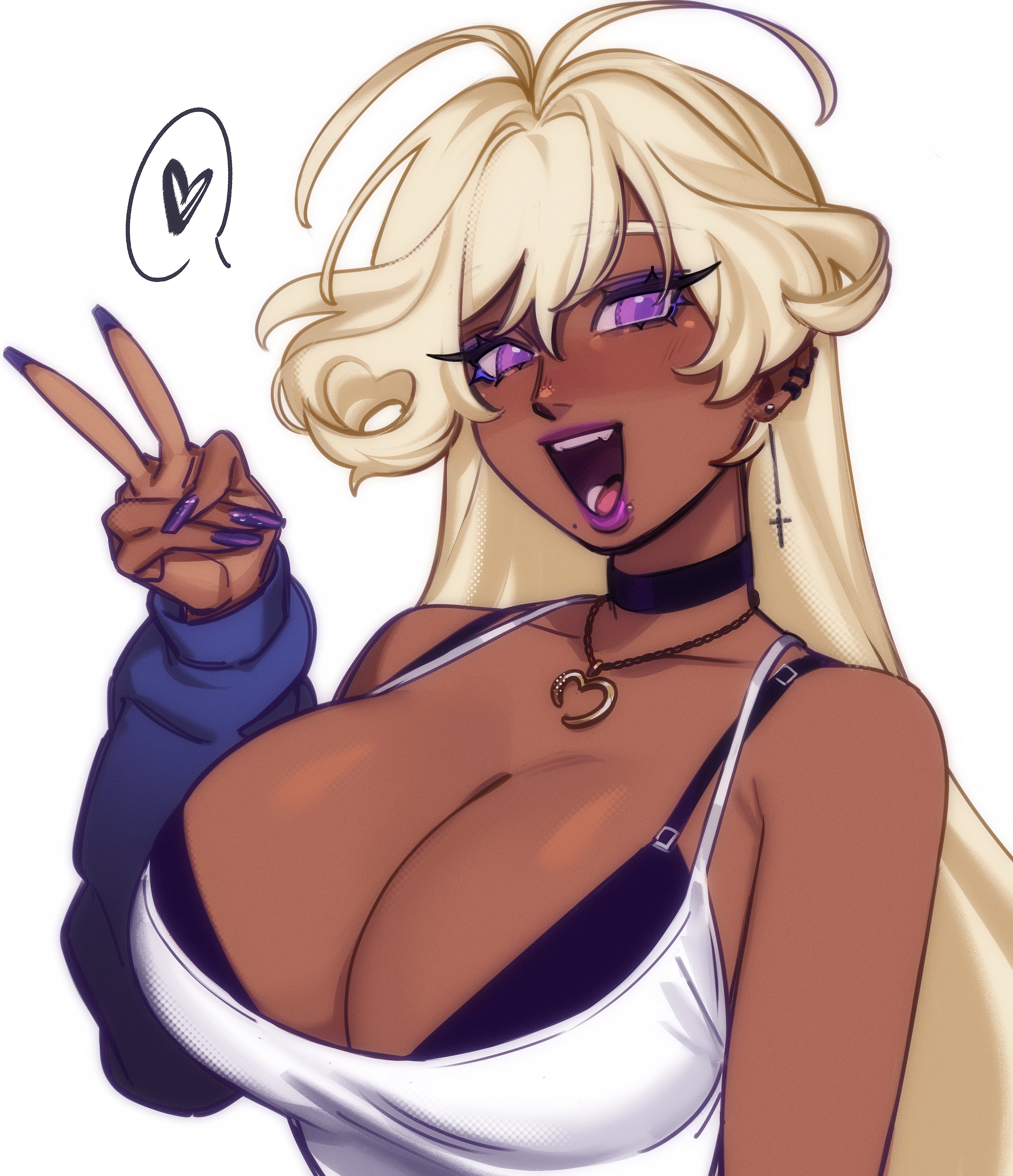 big breasts, black body, breasts, bust, busty, chai (maplekeurig), chocker, dark-skinned female, earings, female, lipstick, maplekeurig, necklace, oc, purple eyes, white hair