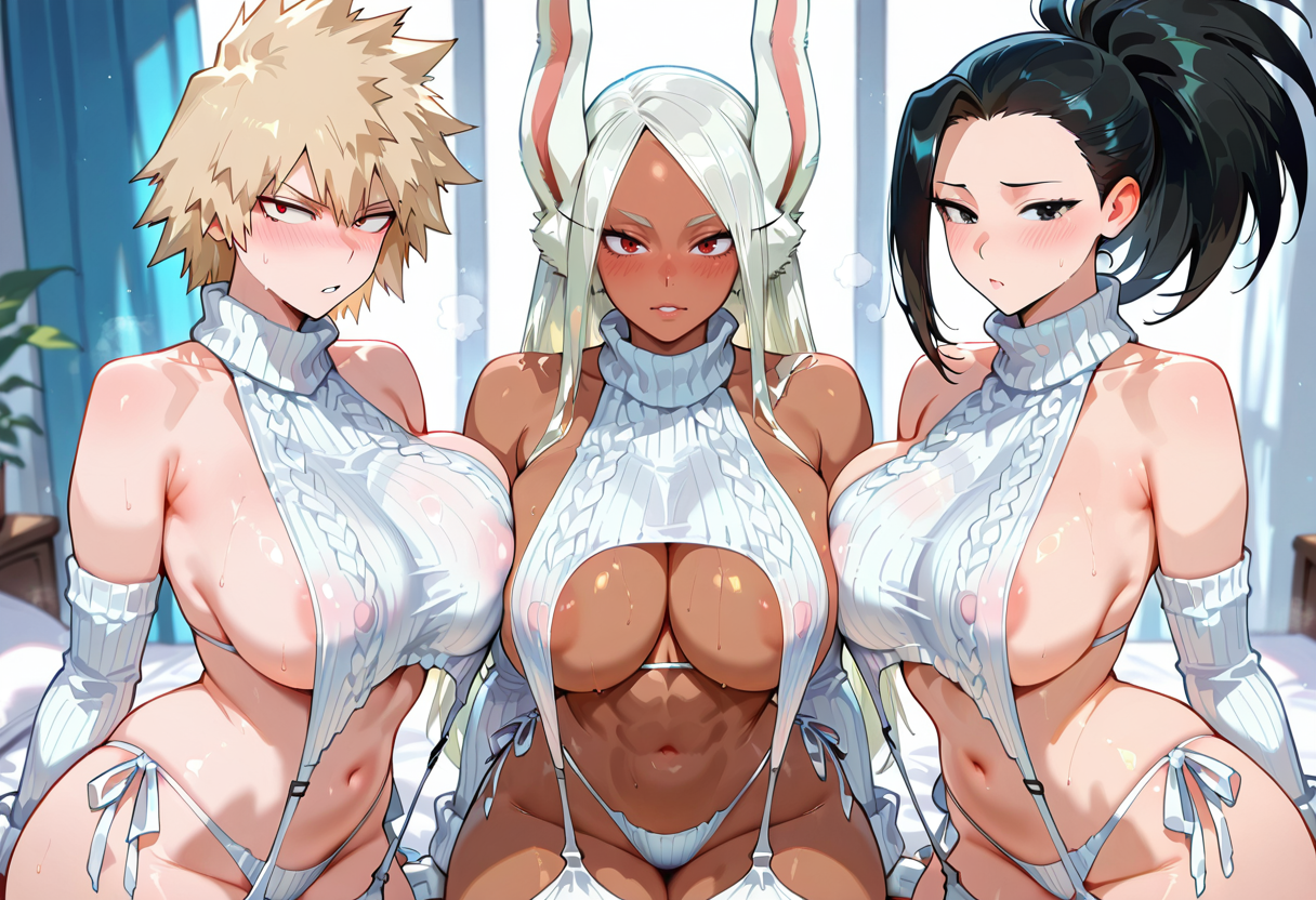 3girls, ai generated, bakugou mitsuki, big breasts, boku no hero academia, breasts, dark-skinned female, female, female only, huge breasts, light-skinned female, mirko, miruko, mitsuki bakugou, momo yaoyorozu, multiple girls, my hero academia, rumi usagiyama, virgin destroyer sweater, yaoyorozu momo