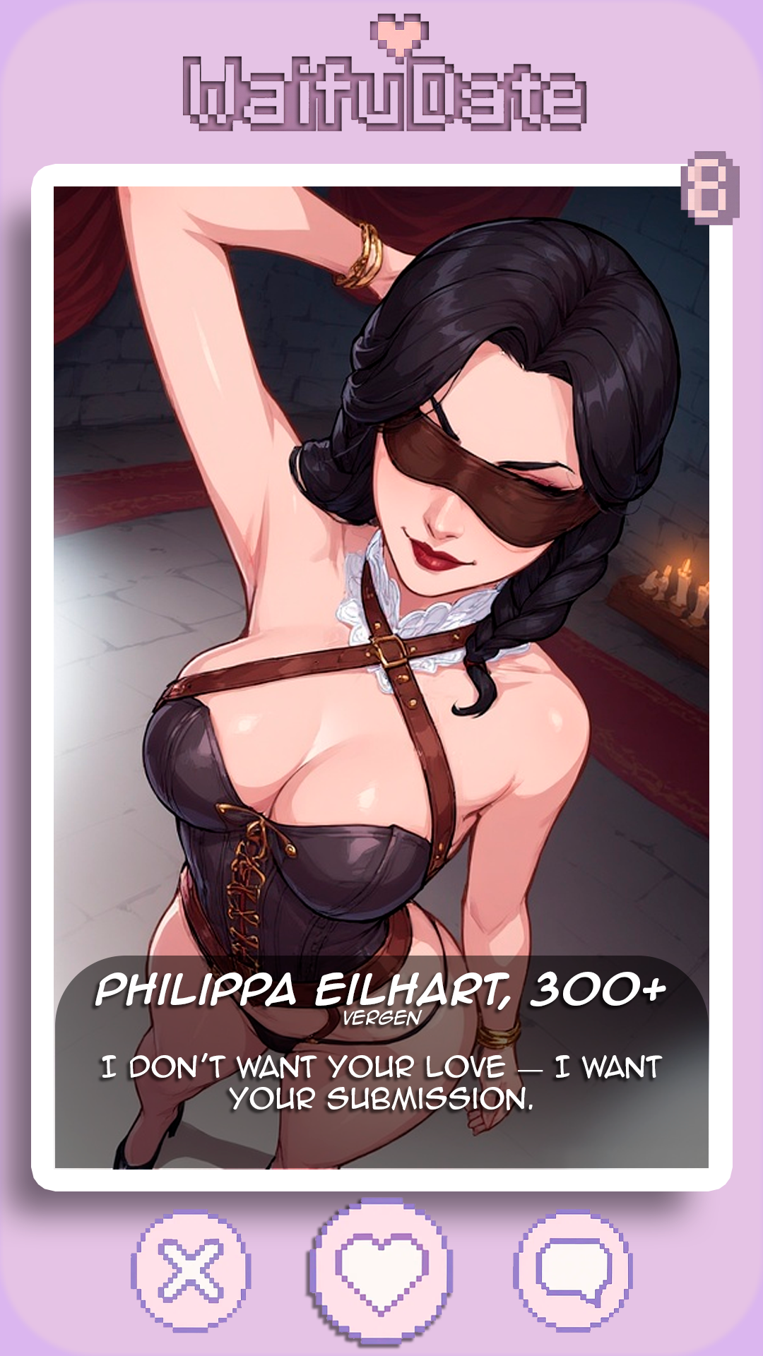 1girls, ai assisted, ai generated, blindfold, blindfolded, brown hair, card, castle, corset, dominant, female, femdom, high heels, light skin, philippa eilhart, seductive, the witcher (series), thong, ultimate waifu project