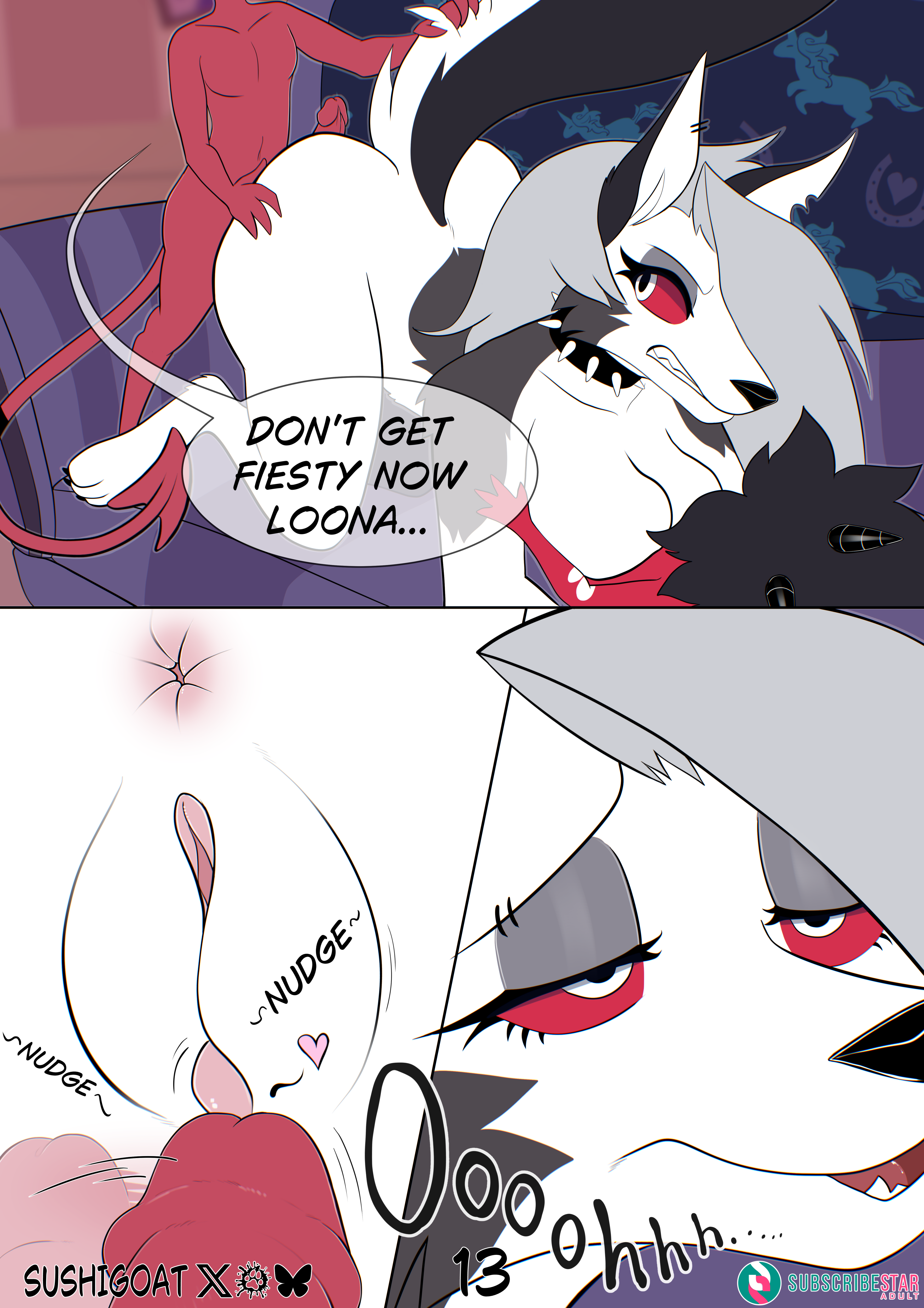 absurd res, all fours, anthro, breasts, canid, canid demon, canine, canis, comic, demon, female, female/female, genitals, group, hellaverse, hellhound, helluva boss, hi res, humanoid genitalia, humanoid penis, imp, loona (helluva boss), male, male/female, mammal, millie (helluva boss), moxxie (helluva boss), mythological canine, mythological creature, nude, partial male, penis, pussy, size difference, standing, sushigoat, trio, vulva, wolf
