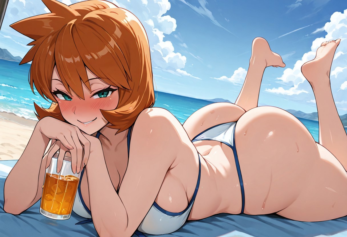 ai generated, alcohol, alternate breast size, aqua eyes, ass, bangs, bare shoulders, barefoot, beach, beach towel, bikini, blue sky, blush, breasts, cleavage, clothing, cloud, collarbone, cup, day, drink, drinking glass, feet, feet up, female, female only, green eyes, grin, holding, holding cup, huge ass, kasumi (pokemon), large ass, large breasts, legs, looking at viewer, lying, misty (pokemon hgss), ocean, on stomach, orange hair, outdoors, parted lips, pokemon, sand, seductive smile, shiny skin, short hair, sideboob, sky, smile, soles, solo, string bikini, sweat, swimsuit, the pose, thick ass, thick thighs, thighs, thong, thong bikini, toes, towel, water, wet, white bikini, white swimsuit