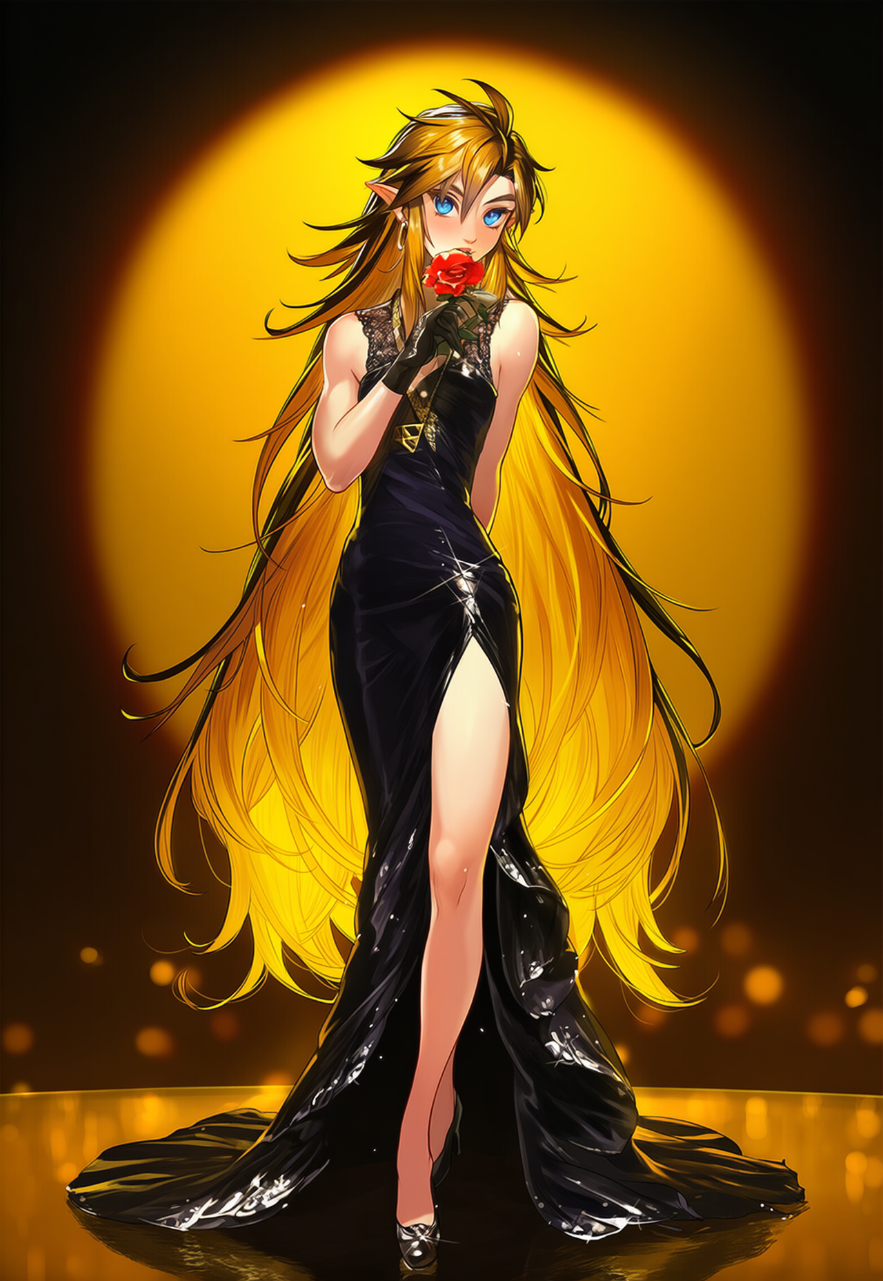 ai art, ai generated, androgynous, bare legs, black hair, blue eyes, blush, cute, earrings, elegant, fancy clothing, femboy, femboy focus, feminine male, feminine pose, gloves, golden hair, high heels, hylian, hylian ears, link, link (breath of the wild), link (tears of the kingdom), long dress, luxica, male, mannequin, nintendo, no sex, novelai, photoshoot, posing, posing for picture, rose (flower), scenery, sexy, sole male, the legend of zelda, top model, very long hair, wild hair