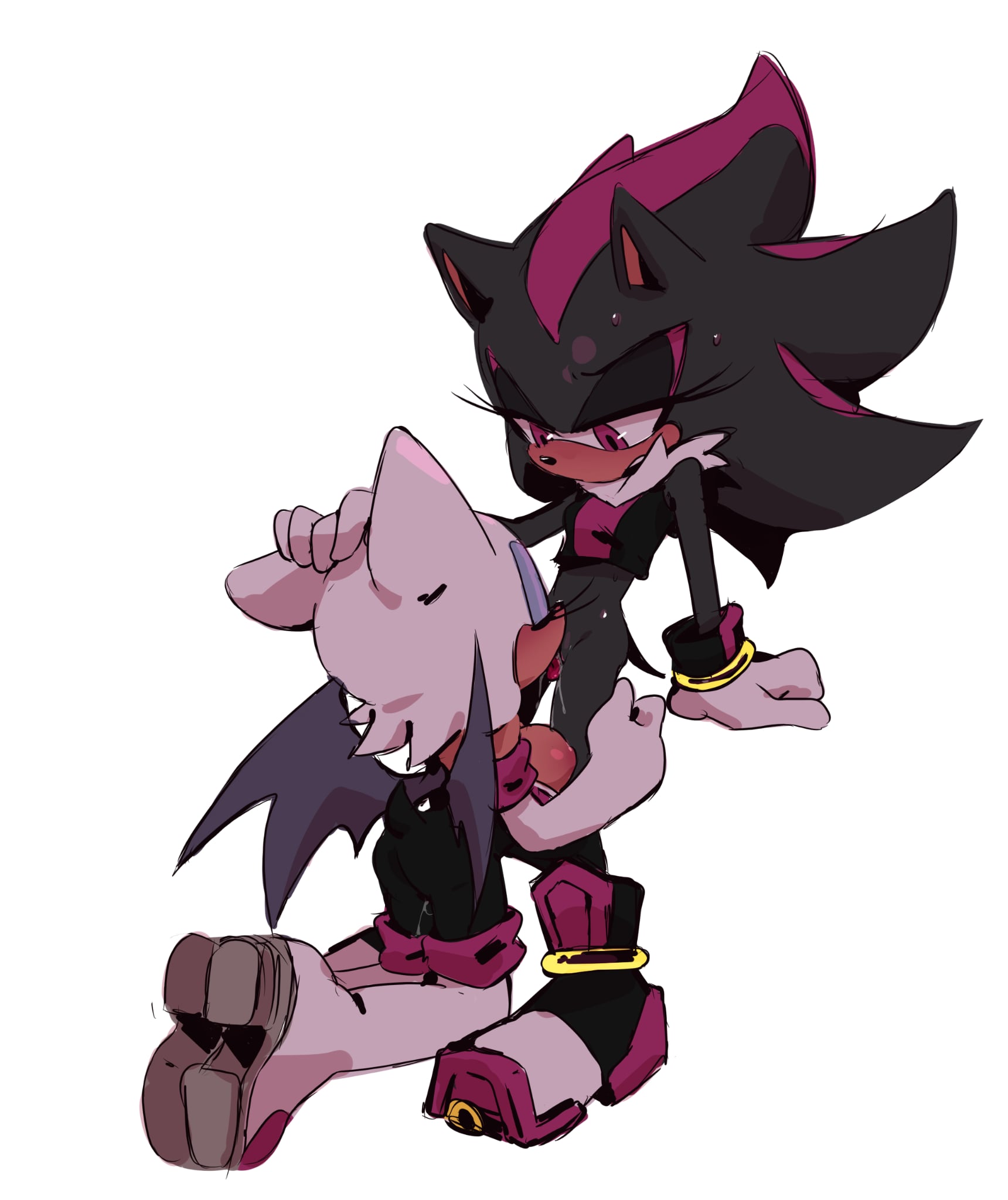 2girls, areolae, bat wings, benshir, breast size difference, breasts, cunnilingus, female, female only, furry, hand on head, lesbian sex, licking pussy, looking down at partner, pussy, red eyes, rouge the bat, rule 63, sega, shade the hedgehog, shadow the hedgehog, simple background, sonic (series), sonic the hedgehog (series), sweatdrop, yuri