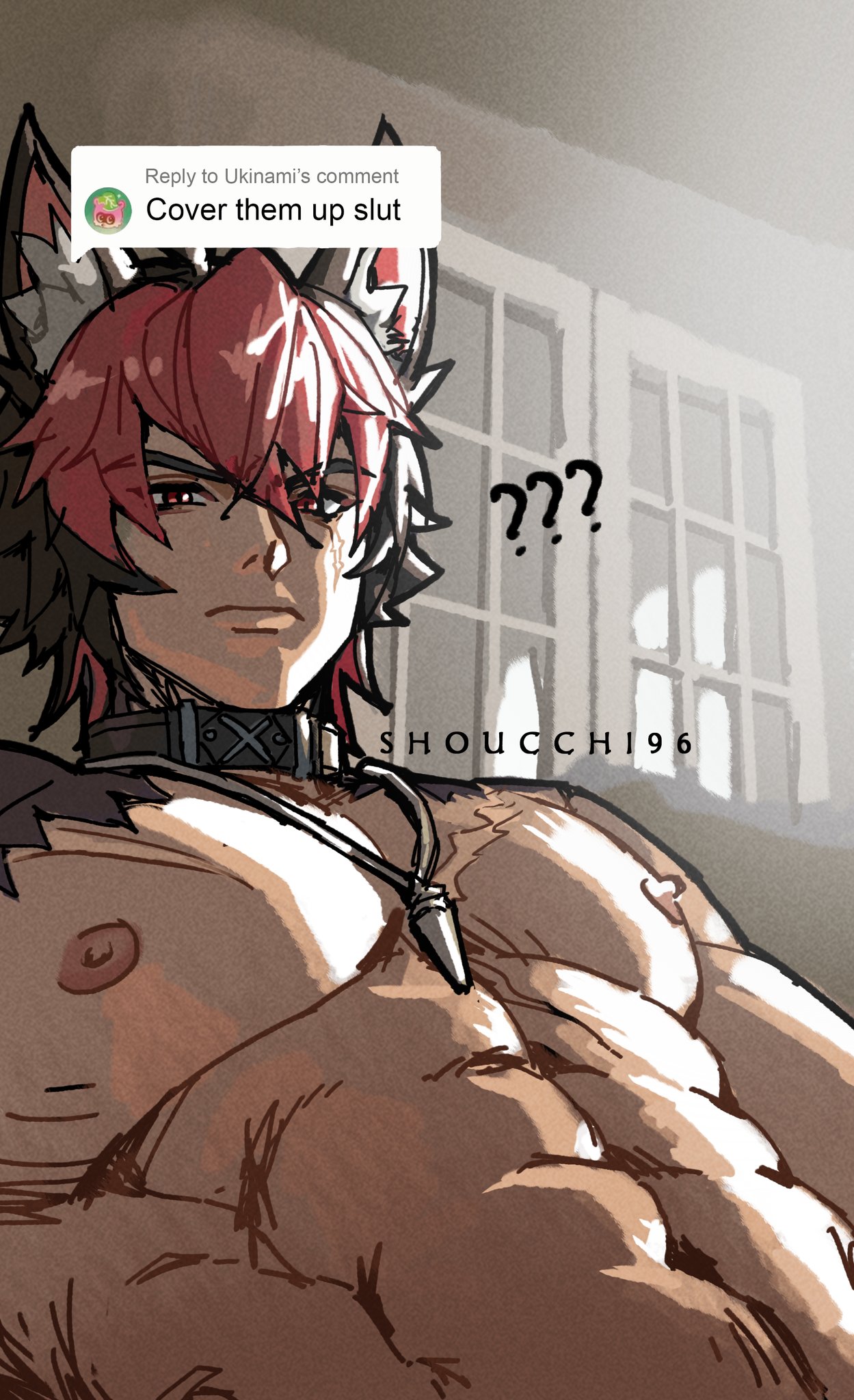 ?, ???, abs, artist name, bara, collar, comment, cover them up slut, kemonomimi, komano manato, looking at viewer, male, male focus, male only, meme, muscular, muscular male, nipples, nude, pecs, red hair, scar, shoucchi96, solo, solo male, tan body, tan skin, tiktok, topless, wolf ears, yaoi, zenless zone zero
