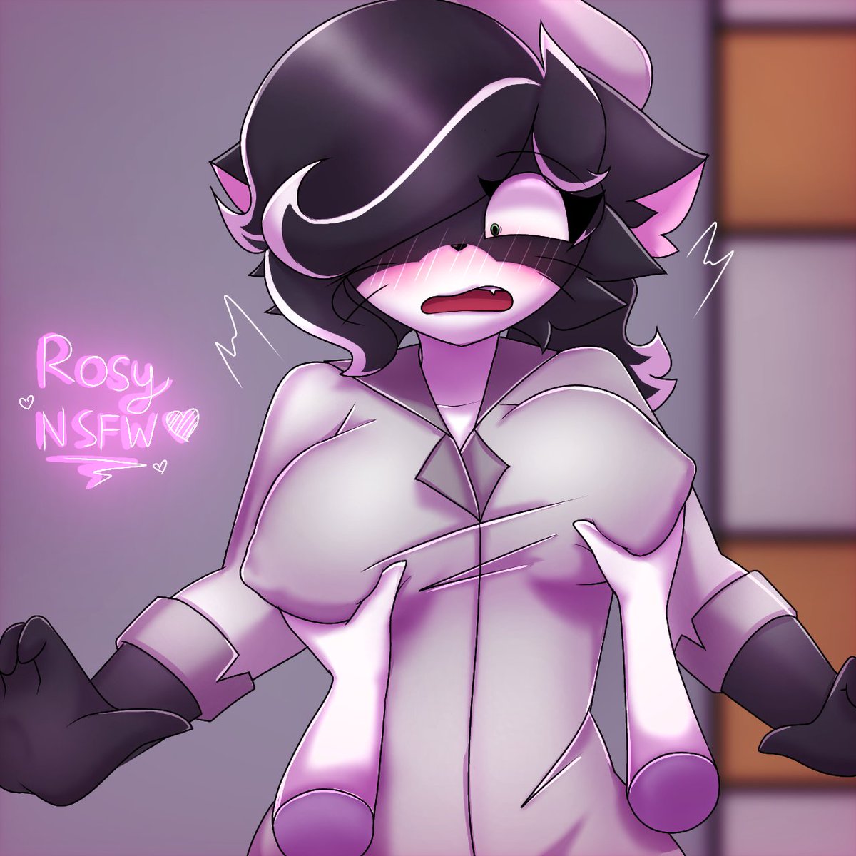1girls, big breasts, blush, breasts, clothed, duo, female, groping, katie kirby (piggy), piggy (game), player, player (piggy), rosy nsfw, the silver paw (piggy)