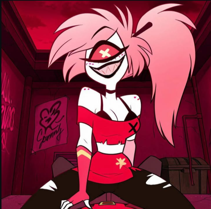 ai_generated bedroom bedroom_setting bottom bottom_pov cherri_bomb cherri_bomb_(hazbin_hotel) demon demon_girl freckles freckles_on_face hazbin_hotel looking_at_viewer one_eye red red_background succubus