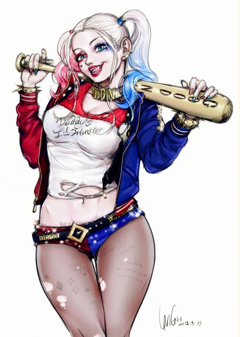 1girls, absurd res, artist name, artist request, baseball bat, batman (series), blonde hair, blue eyes, blue hair, booty shorts, breasts, choker, cleavage, clothed, clothed female, clothes, clothes writing, clothing, color, colored, dc, dc comics, dc extended universe, eyeliner, eyeshadow, facial tattoo, female, female focus, female only, fully clothed, hair, harley quinn, heart tattoo, holding weapon, hotpants, human, human only, jacket, licking, licking lips, light skin, light-skinned female, lipstick, long hair, makeup, medium breasts, open mouth, pale, pale skin, pale-skinned female, pantyhose, pink hair, red lips, red lipstick, ripped clothes, ripped clothing, ripped pantyhose, shirt, short shorts, shorts, signature, smile, solo, solo female, solo focus, spiked bracelet, standing, suicide squad, tattoo, three-tone hair, tied hair, tongue, tongue out, torn clothes, torn pantyhose, twintails, unzipped, weapon, white background, white skin, yellow hair