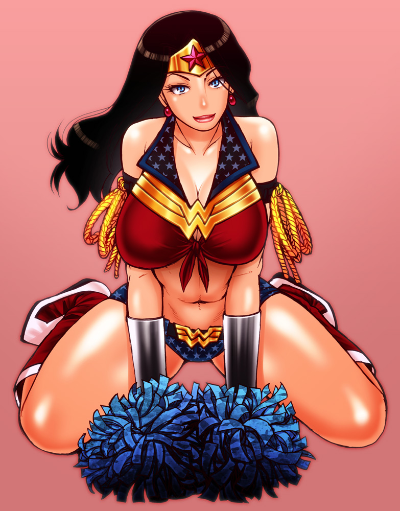 1girls, bare shoulders, black hair, blue eyes, boots, breasts, cheerleader, chiba toshirou, cleavage, dc, dc comics, earrings, female, front-tie top, jewelry, large breasts, lips, long hair, midriff, navel, pom poms, smile, solo, swariza, thigh, wonder woman, wonder woman (series)