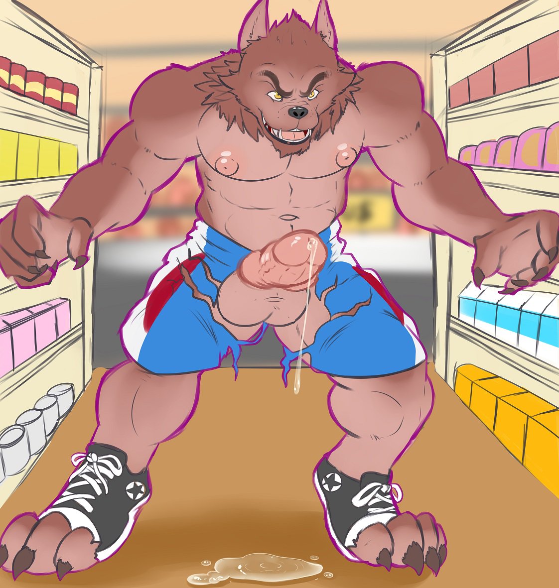 4_toes 5_fingers abs aisle animal_genitalia animal_penis anthro arms_out athletic_wear attack_pose balls big_balls big_penis biped black_lips black_nose blurred_background bodily_fluids bottomwear box broad_shoulders brown_body brown_fur calf_muscles can canid canine canine_genitalia canine_penis carton cheek_tuft chin_tuft claws clothed clothing container converse countershading curled_fingers depth_of_field destroyed_clothing digitigrade dripping ejaculation erection facial_tuft fangs feet finger_claws fingers flat_colors footwear fur genital_fluids genitals goosebumps goosebumps_(movie) grey_claws grocery_store gym_bottomwear gym_shorts head_tuft inside knot leaking_precum leaning leaning_forward lips looking_at_viewer male mammal mane multicolored_body multicolored_fur muscular muscular_anthro muscular_male mythological_canine mythological_creature mythology navel neck_tuft nipples open_mouth paws penis pink_nipples pink_penis pose precum precum_drip precum_on_ground public sharp_teeth shawd shelf shelving shoes shorts smile snout solo standing teeth the_werewolf_of_fever_swamp toe_claws toes tongue topless torn_bottomwear torn_clothing torn_shoes torn_shorts tuft two_tone_body two_tone_fur vein veiny_penis warm_colors werecanid werecanine werecreature werewolf werewolf_of_fever_swamp whisker_spots wide_stance yellow_eyes